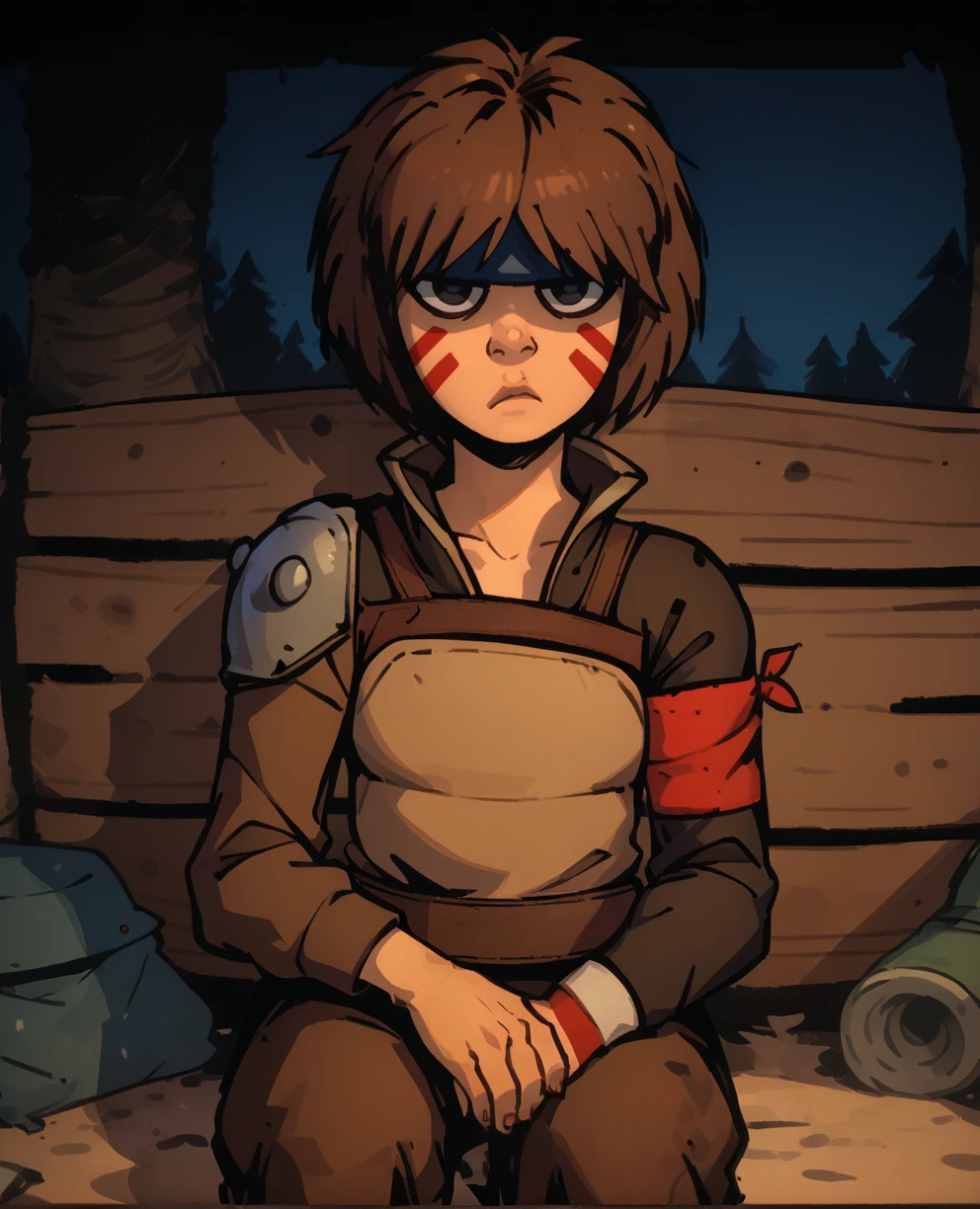 score_9,score_8_up,
smllbxl,brown hair,facial mark,black eyes,eyeliner,serious,shaded face,
headband,brown leather top,single shoulder pad,red armband,long sleeves,
sitting,
camp,night,<lora:SmellerbeeXL:0.9>,