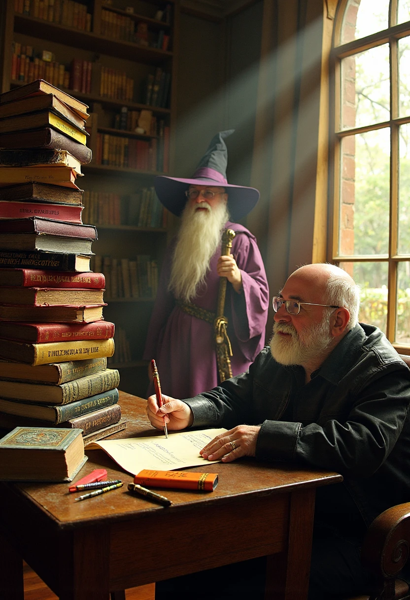 Imagine an image in the style of photorealism: Terry Pratchett sitting at an old wooden desk piled high with colorful, well-worn books. He holds a quill poised over parchment, deep in thought, as shadowy figures from his stories appear around him. A scruffy, robed wizard with a pointed hat and scruffy beard, symbolizing a reluctant and bumbling adventurer, stands nearby. The scene is bathed in warm, golden light streaming through a nearby window, creating an atmosphere that blends reality with the fantastic, as if Terry's characters have emerged from his imagination into the real world.