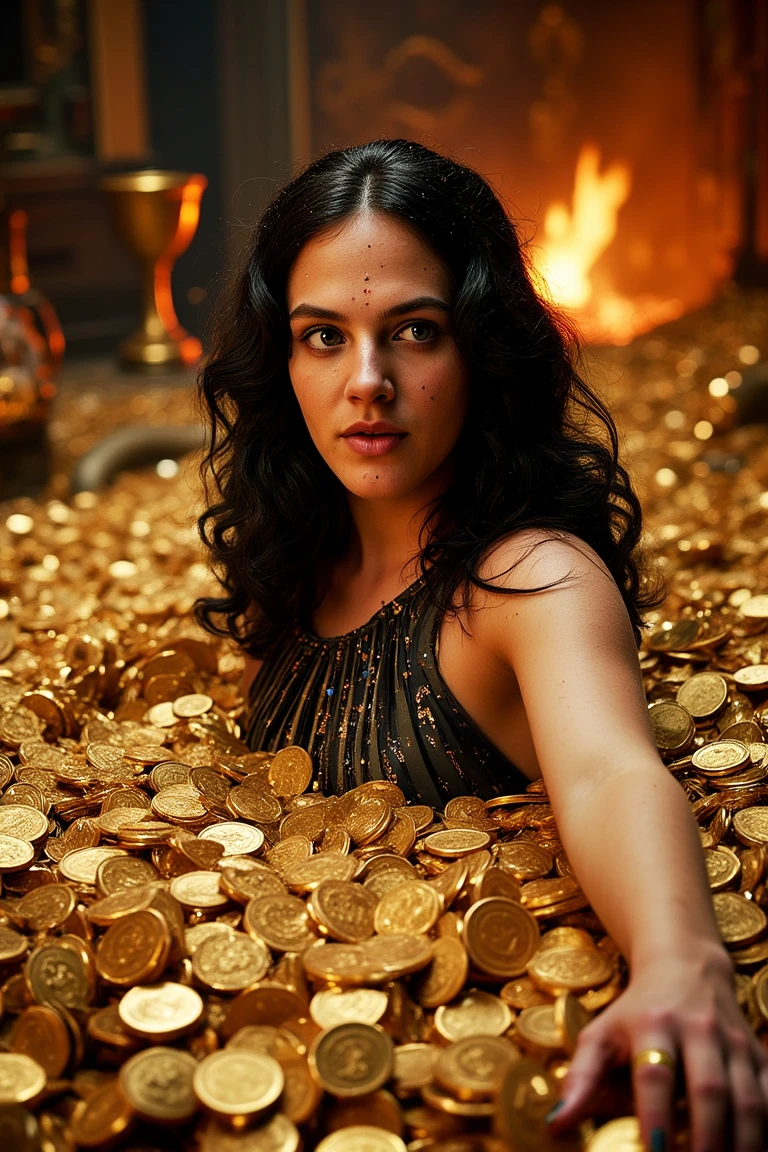 half-body portrait of a woman, emerging from a massive pile of shimmering gold coins, in a dramatic and fantastical setting.

long, tousled black hair, tangled with strands of gold, sweat glistening on her face, with dirt and dust smudging her soft makeup, lips slightly parted in exhaustion, eyes wide with determination and struggle.

wearing a torn, once-elegant gown, now clinging to her as she tries to push herself up, one arm extended, grasping the edge of the treasure pile, the other hand struggling to pull her leg free from the cascading coins, as they shift and bury her further.

surrounded by dragon treasures—jeweled goblets, golden crowns, and ancient artifacts—spilling over the edges, dim firelight flickers in the background, casting deep shadows that hint at the looming presence of a dragon nearby.

rich, golden tones, dramatic, intense lighting, evoking both danger and allure, cinematic, otherworldly, with a sense of fantasy, struggle, and survival amidst overwhelming opulence.