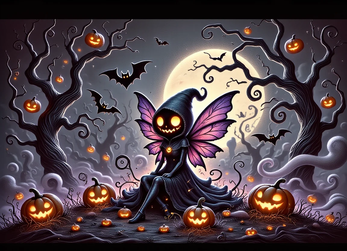 A haunting and whimsical landscape of a DonMCu73H4110w33nFX, with a phantasmal eerie fairy sitting amidst a mini pumpkin patch, surrounded by the sweet scent of pumpkin pies. Sinister shadows creep across the ground as malevolent bats take flight under the silvery glow of moonlight, their leathery wings beating in unison as they collect candy from the scattered pumpkins.