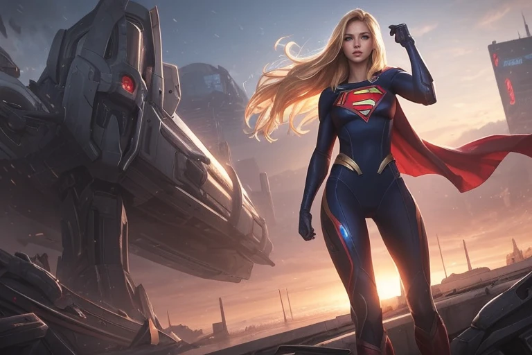 <lora:LoL_Splash_Style:0.65> lol_5plash, supergirl, bodysuit, cape, long blonde hair, scifi, city background, epic, dynamic, cinematic, colorful, vivid, extreme sharp, extreme detailed, HD, HDR, 8K, best quality, best resolution, good quality, good resolution, Focused, Centered, Masterpiece, professional, artstation