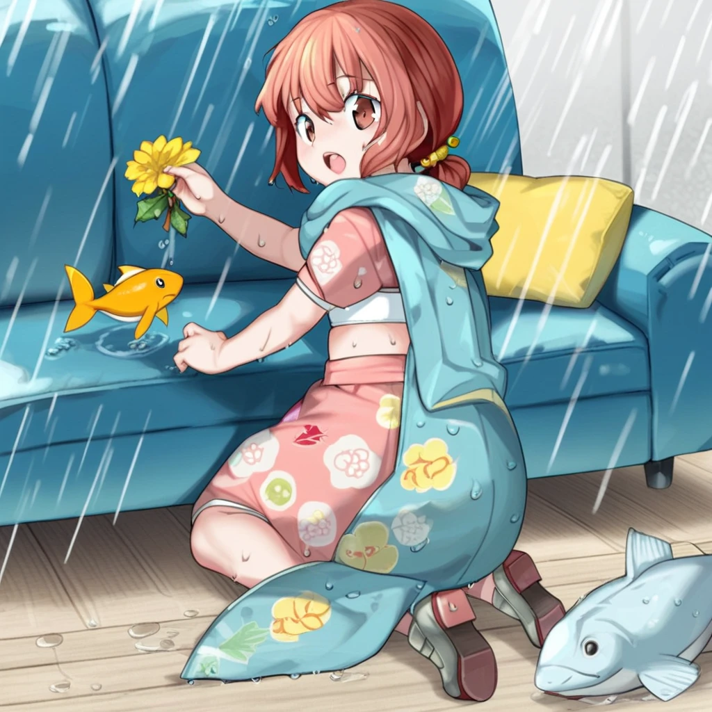 kaiboukan yotsu (kancolle), looking back, water drop, pink dress, signature, from side, blue coat, santa costume, hair between eyes, desk, animal, floral print, small breasts, happi, yellow flower, miniskirt, white bandeau, hood up, low ponytail, rain, round teeth, short sleeves, animal print, print kimono, grey scarf, on floor, couch, uwabaki, holding, fish, loafers