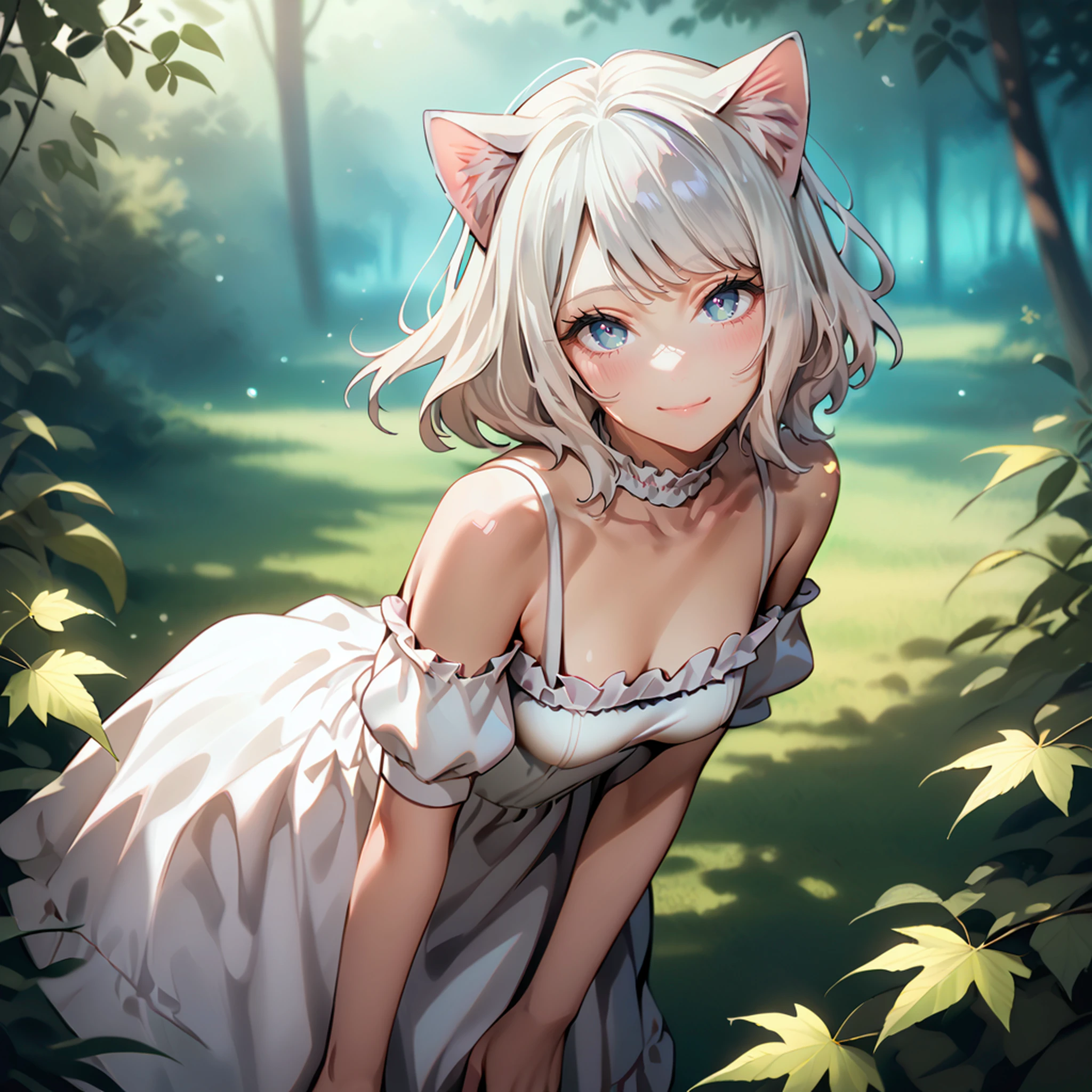 1girl, light white hair,(white cat ears:1.1), [blue eyes:0.1], (medium hair:1.2), swept bangs, (long sidelocks:1.2), white choker,frilled (white sundress:1.5),puffy long sleeves,bare shoulders, small breasts, (jitome:1.3), light smile, (leaning forward, contrapposto, pose:1.4),from above,head tilt, 
leaf,green background, forest, sunbeam, dappled sunlight, drop shadow, blurry background, blurry foreground, 
[realistic::0.1],(foggy,misty,dreamy:1.2)
score_9, score_8_up, score_7_up,score_6_up, best quality, hires,
<lora:Fixhands_anime_bdsqlsz_V1:1>,<lora:DobunezuMix-Pony:0:0.1>  <lora:Curl_inward_hair-Pony:0:1>, <lora:StS_age_slider_v1_initial_release:2>