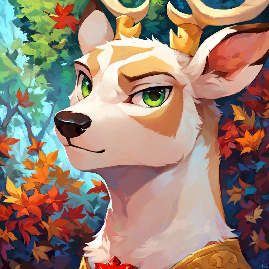 score_9_up, score_8_up, score_7_up, score_6_up, king aspen, deer, 1boy, solo, male, woodland background, trees, green eyes, looking at viewer, upper body, white fur, masterpiece, best quality