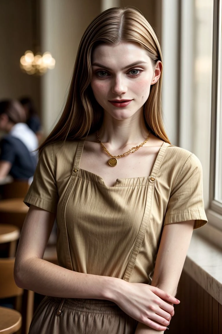European woman, closeup, (shirt), pants, (kitchen), gold necklace , ZM_ema , wide shoulders, perfect face, (contact iris: 1.1), pale skin, skin pores , depth of field