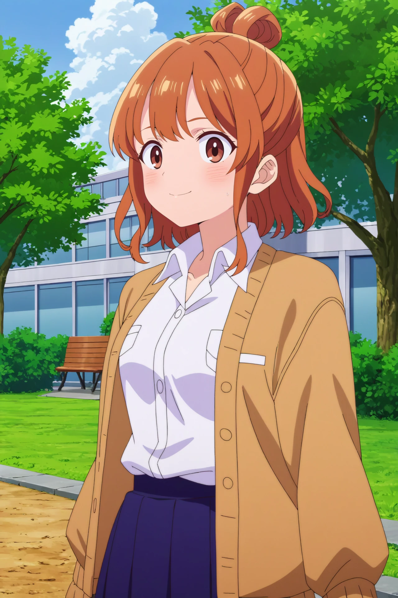 moeko sekine,1girl,solo,brown eyes,brown hair,looking_at_viewer,blush,hair bun,single hair bun,skirt,smile,collared shirt,white shirt,breasts,school uniform,upper body
BREAK
outdoors,open field,tall trees,school buildings, light breeze



<lora:Moeko_Sekine_-_BokuYaba.safetensors:0.8>