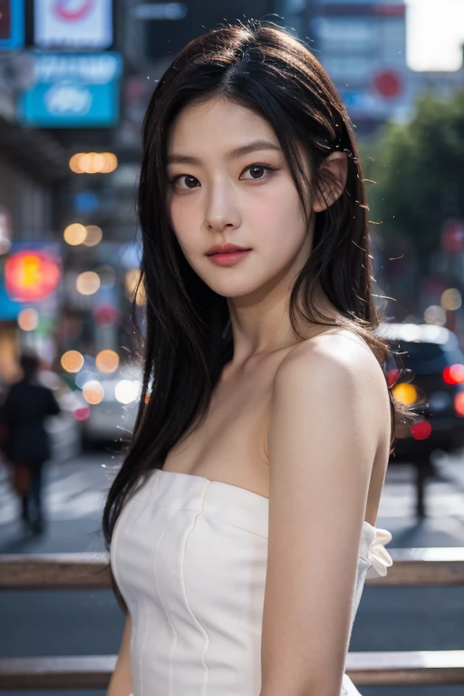 masterpiece, best quality, ultra-detailed, ultra high res, (photorealistic:1.4), raw photo, (realistic:0.2), 8k HDR, realistic cool temperature lighting, (asian:0.2), 1girl, solo, asymmetrical hair, outdoor, day, (city background:1.4), bokeh, (detailed lips), (detailed pores), (detailed skin textures), (detailed face:1.2), (upper body:1.2), a woman in a white strapless tube dress, promotional image, a character portrait,