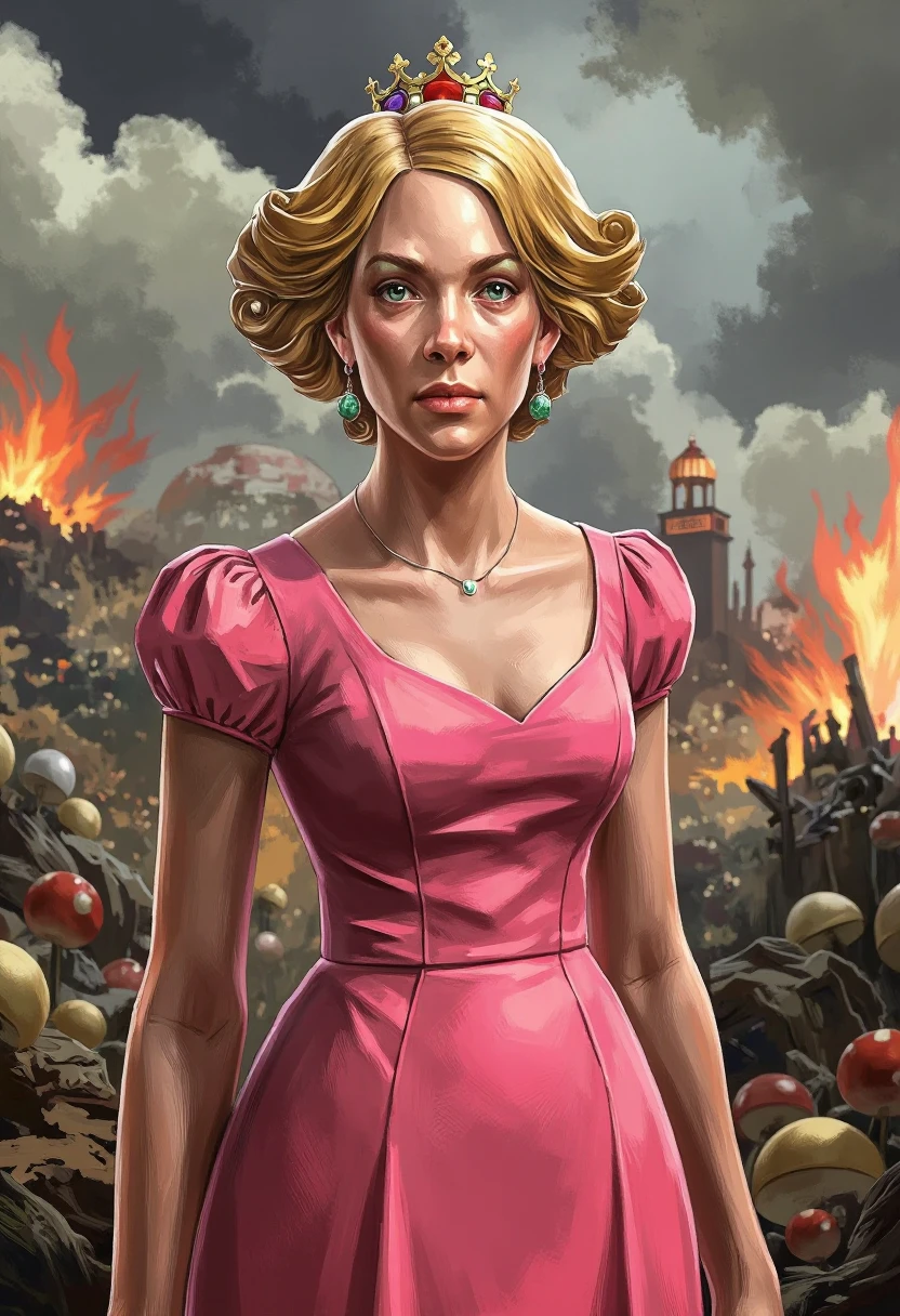 mythoscape painting of a very old adult princess peach, she is super happy and smiling, her makeup is perfect. she had a small crown on her golden blond hair, and he's wearing a high colar pink dress. she is getting ready to mess some stuff up, In the background you can see the remnants of the mushroom kingdom destroyed and burning.posts apocalyptic version of Super Mario World.