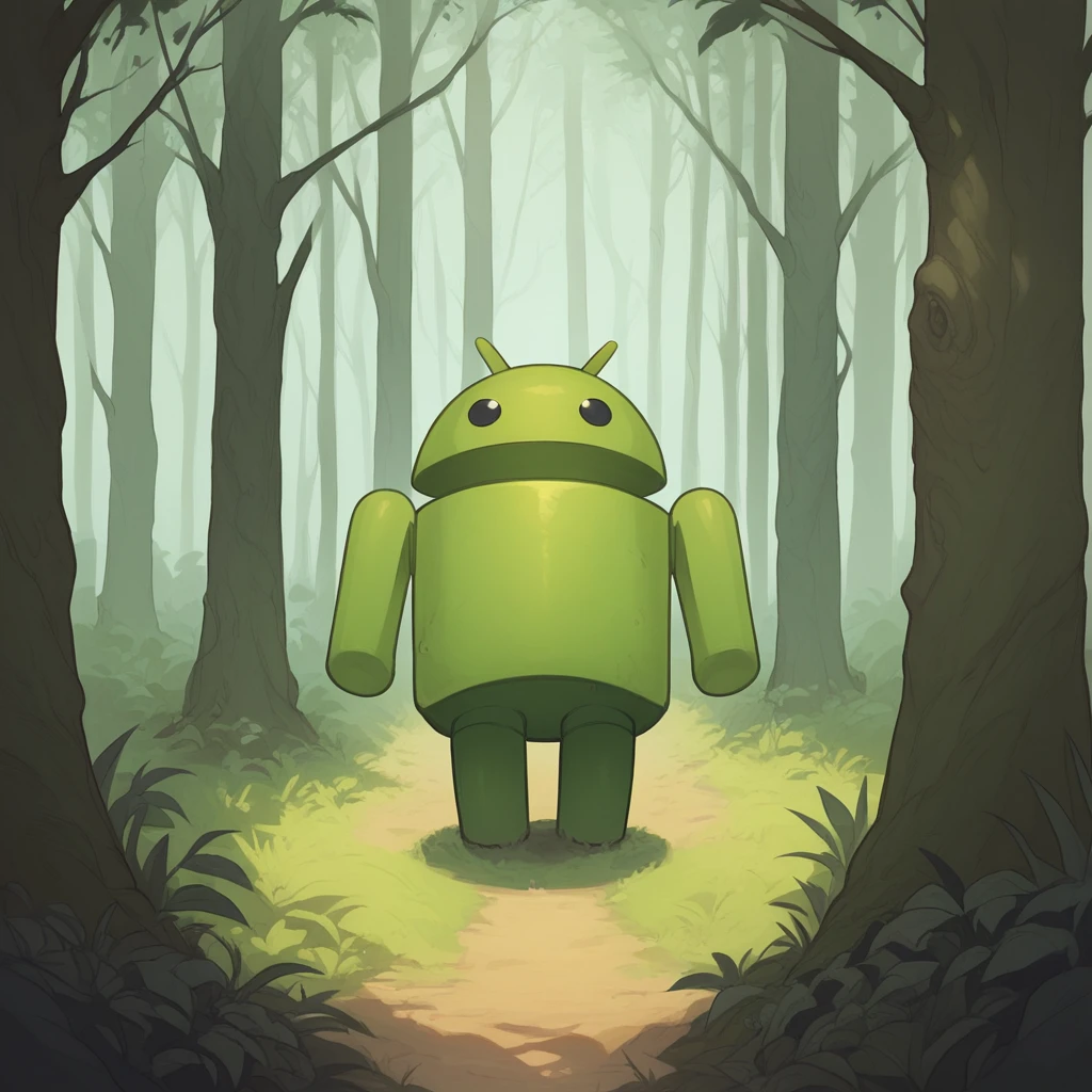 score_9_up, score_8_up, BREAK, BugDroid, no humans, solo, black eyes, green skin, standing, <lora:Bugdroid_GoogleAndroid_PXL_Leaf2:1.2>, outdoors, forest,