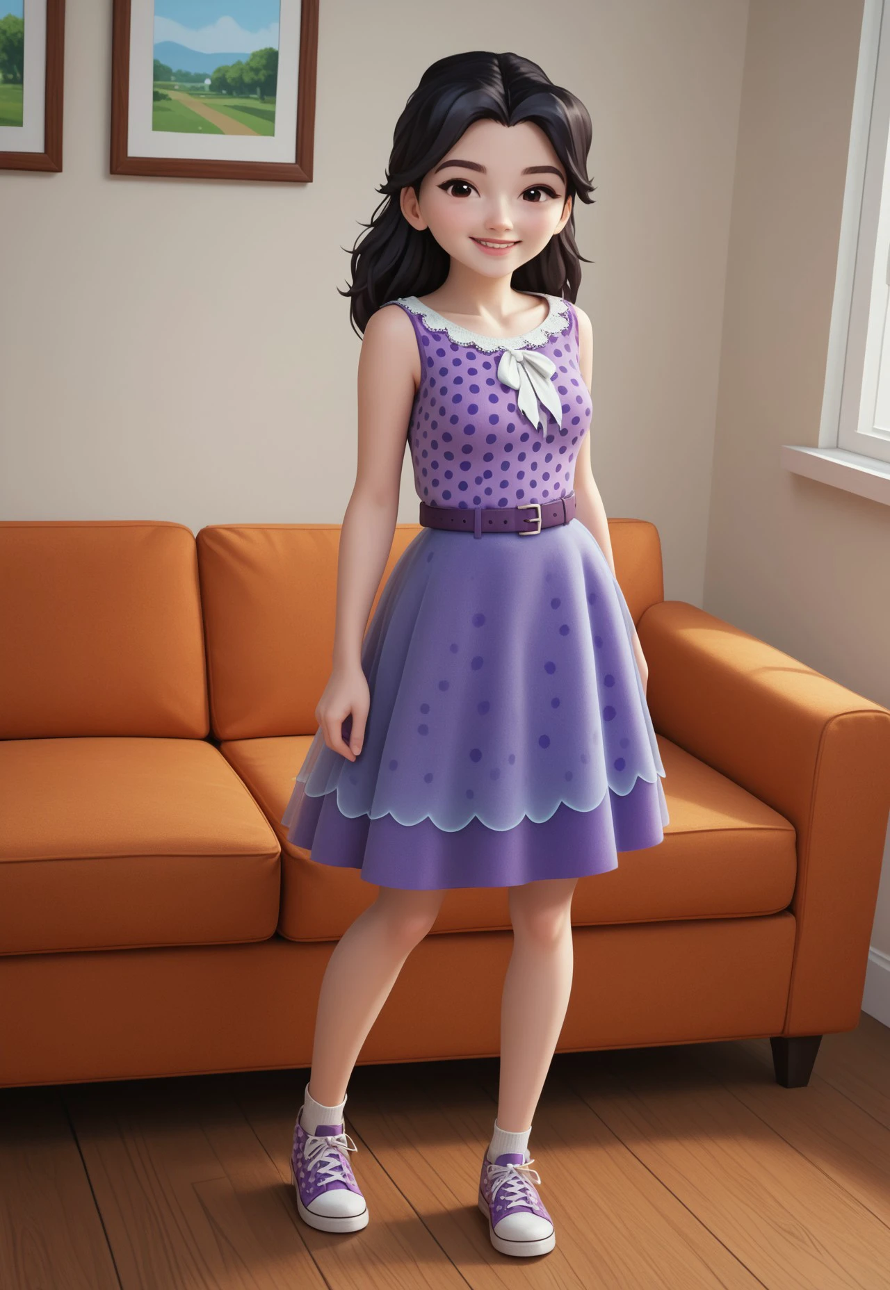 safe_pos, (zPDXL3) source_cartoon, solo, 1girl, full body, emma_lego, black hair, long hair, black eyes, polka dot dress, purple dress, sleeveless, belt, shoes, indoors, art gallery, sexy, dynamic angle, looking at viewer, smiling,