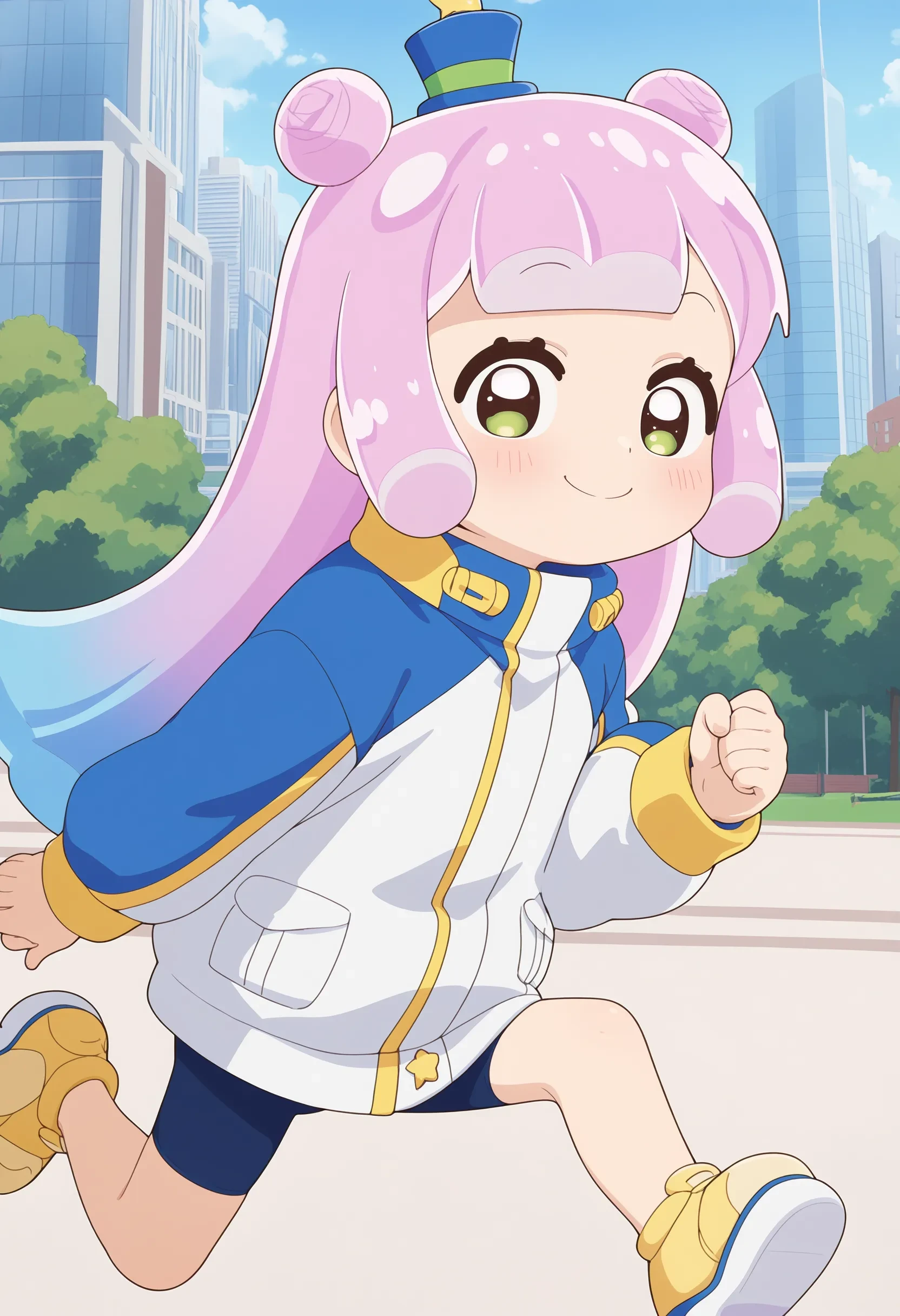 1girl, puniru \(puniru wa kawaii slime\), pink hair, blue hair, multicolored hair, double bun, long hair, green eyes, mini hat, jacket, black bike shorts, yellow shoes, platform footwear, 
running towards viewer, running, looking at viewer, Happy,  wide smile with raised cheeks and crow's feet around the eyes., solo, solo focus, outdoors, city, 
masterpiece, best quality, absurdres, unity 8k wallpaper, official art, official style, source_anime, uncensored, anime screencap, anime coloring, (ai-generated:0.6) <lora:PKS-puniru_XL(ill)v10t:1>