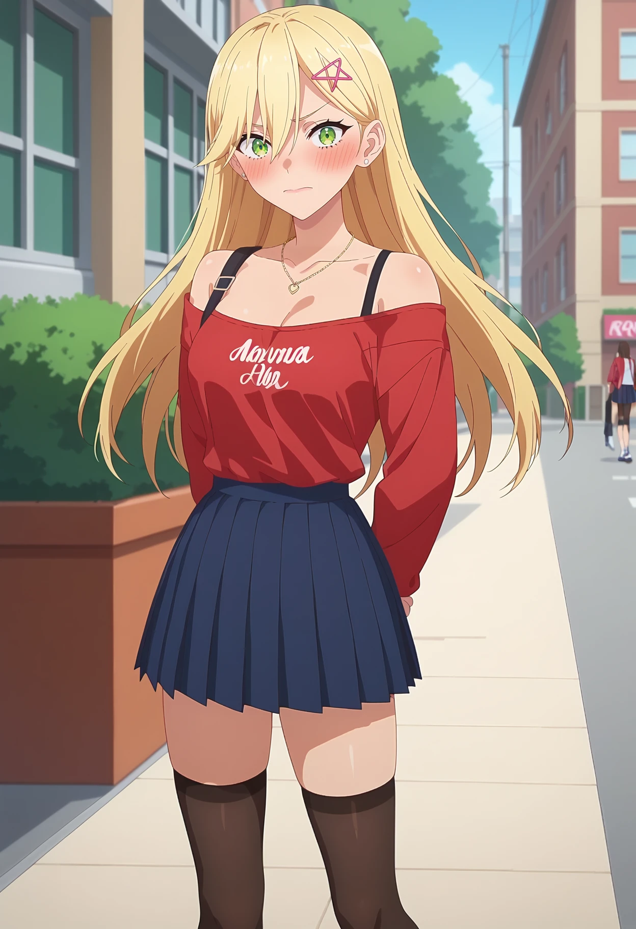 score_9, score_8_up, score_7_up, anime screencap, source_anime, 1girl, solo,
<lora:Aria_Kisaki_2.5_Dimensional_Seduction_V1:.85>, KJOaria, blonde hair, green eyes, hairclip, gyaru, long hair, 
off shoulder, red shirt, black pleated skirt, black thighhighs, 
standing, looking at viewer, arms behind back,  embarrassed, blush,
street, daytime, buildings, sidewalk, outdoors,
(Beautiful, medium Breasts:1.2),