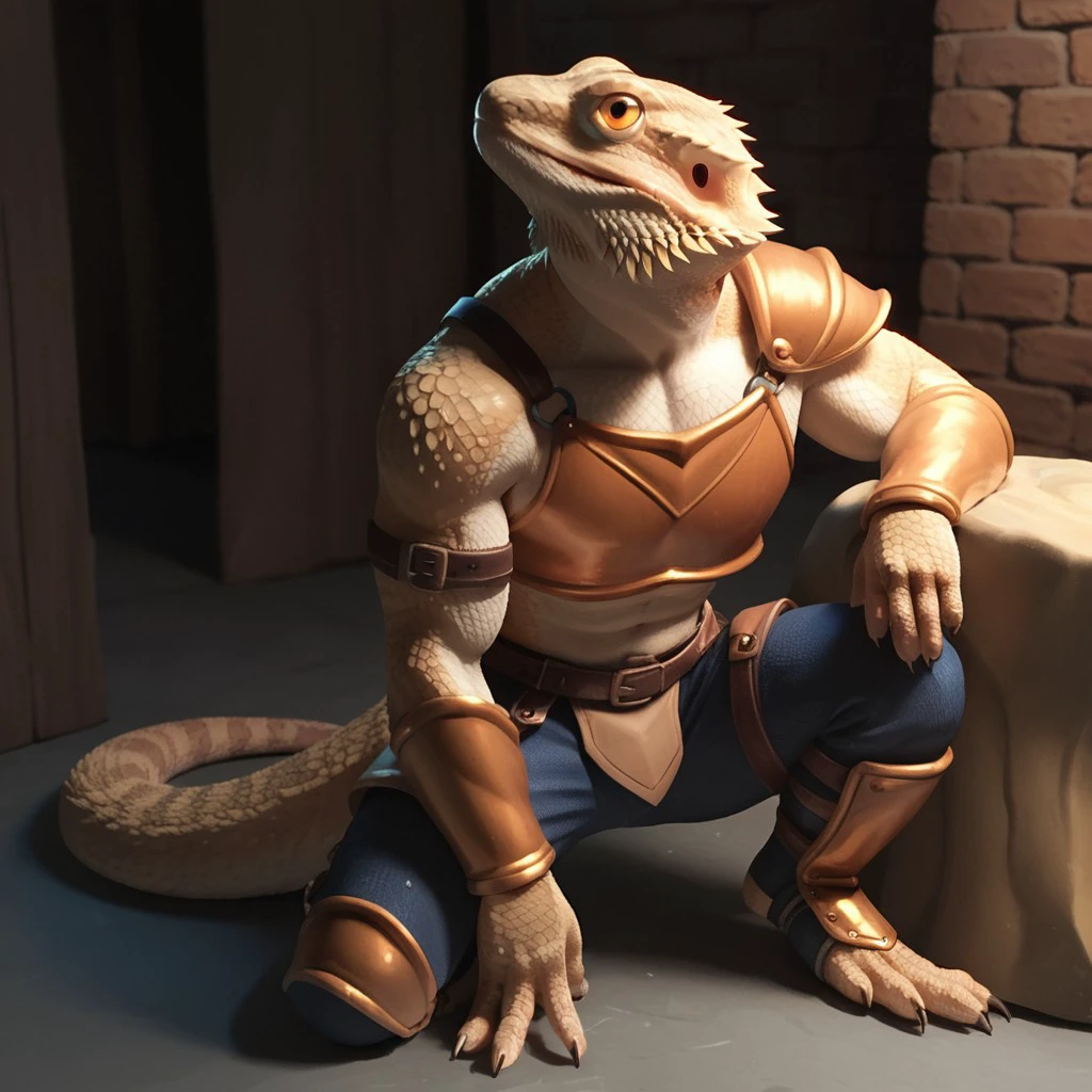 score_9, score_8_up, score_7_up, score_6_up, score_5_up, score_4_up, source_furry, beardeddragon, adult anthro, male, lizard, tan skin, solo, in a dungeon, wearing armor, <lora:94d5b57b-a399-42aa-85b8-9206088ca93c:0.7>