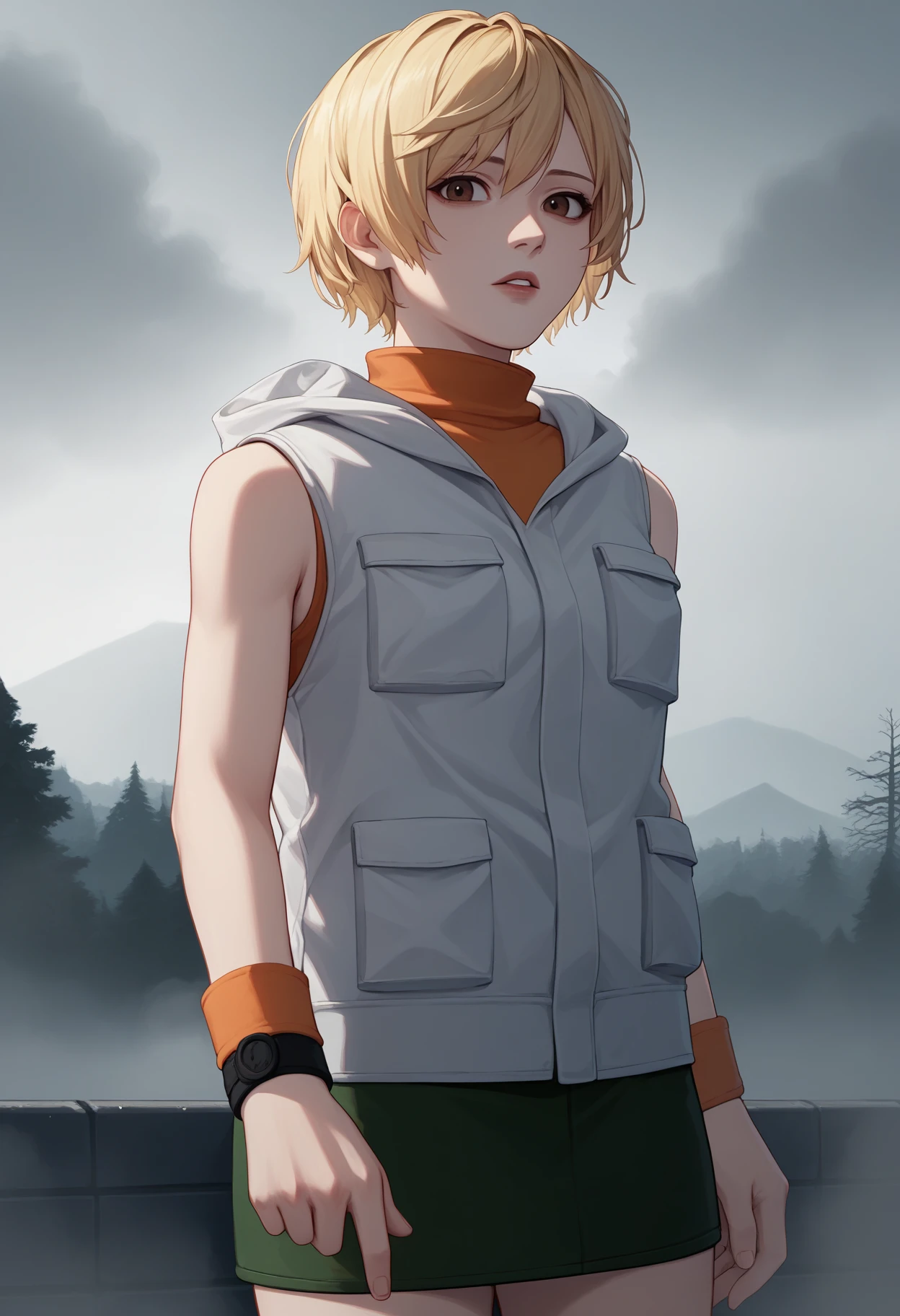 score_9, score_8_up, score_7_up, source_anime BREAK 1girl, solo, <lora:heathermason-silenthill-richy-v1_pdxl:1>  hthrdf, brown eyes, blonde hair, short hair, white vest, orange sweater, turtleneck, sleeveless, wristband, green skirt, hood down, parted lips, looking at viewer, standing, outdoors, fog, overcast, foggy, [grey background::0.2]