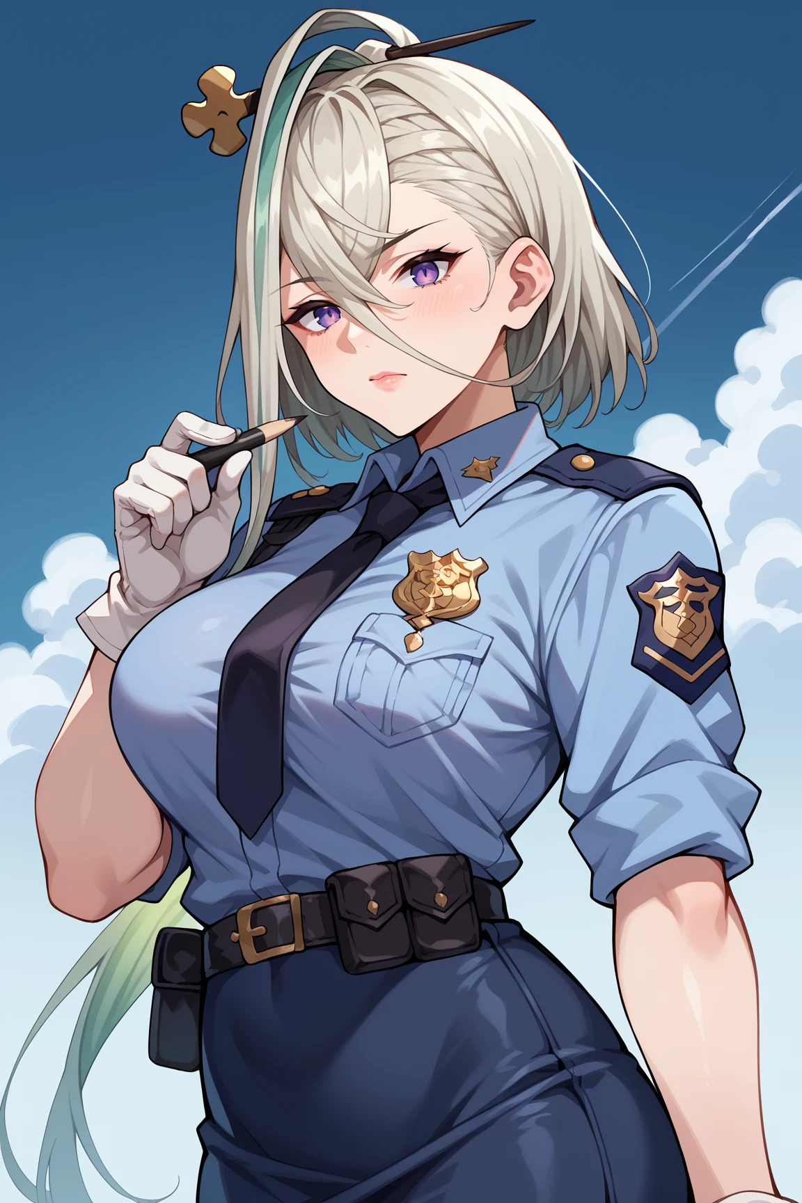 score_9, score_8_up, score_7_up, score_6_up, source_anime, solo, 1girl, mature female, huyanzhourd, large breasts, white hair, streaked hair, green hair, multicolored hair, very long hair, purple eyes, hairpin, pantsleg, police uniform, blue shirt, black necktie, badge, sleeves rolled up, white gloves, blue skirt, pencil skirt <lora:HuyanZhuoPony:1>