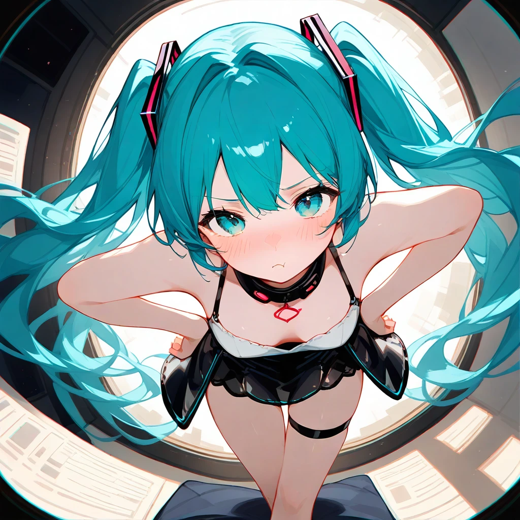 hatsune miku, 
aqua hair, long hair, twintails, hair ornament, 
pout, blush,
hand on own hip, leaning forward, 
dress, chromatic aberration, high contrast, 
lying, on back, arms up, thighs, thigh strap, crossed legs, 
fisheye, perspective, 
1girl, solo,
score_9, score_8_up, score_7_up, score_6_up, 
(masterpiece:1.2), (best quality:1.2), (very aesthetic:1.2), (absurdres:1.2), (detailed background), (extremely detailed), newest,