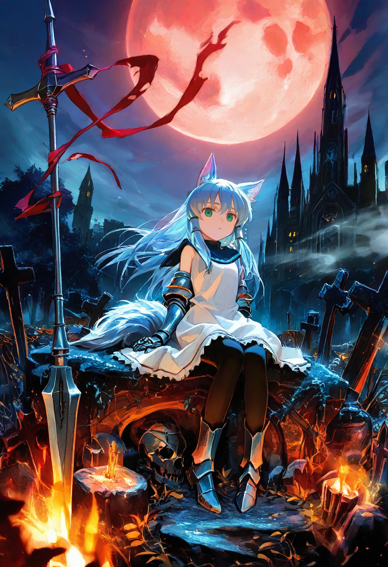 score_9, score_8_up, score_7_up,score_6_up, ciloranko, source_anime, rating_safe, Dark-Souls, solo, 1girl, long-dress, white-dress, blue-hair, leggings, elbow-gloves, medium-breasts, hair-tubes, castle-town, skyline, armored-boots, gauntlets, leggings, long-hair, fog, misty-horizon, wolf-tail, wolf-ears, full-moon, windy, cemetery, cross-symbol, sitting-on-rock, planted-spear,<lora:cfg_scale_boost:0.4>