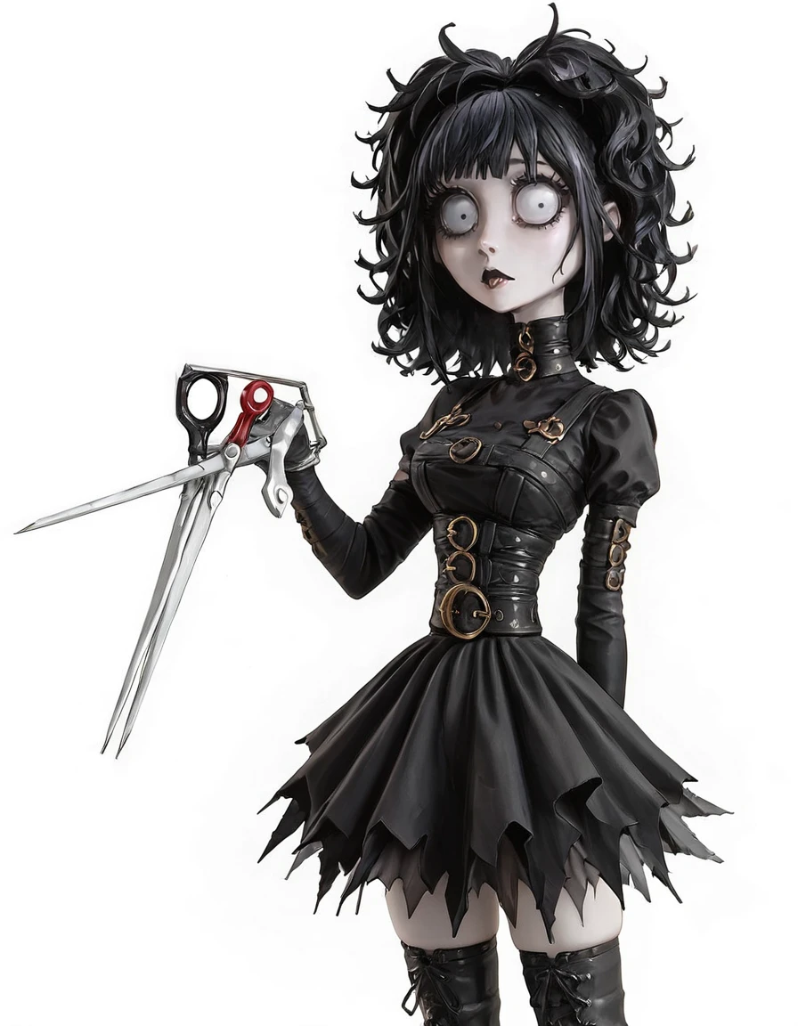 score_9, score_8_up,score_7_up, 1girl solo, standing, white background, looking at viewer, skindentation 
BREAK <lora:Edward_Scissorhands_-_Bishoujo_Kotobukiya:0.6> Edward Scissorhands, Scissors, black hair, grey eyes, pale skin, sad, black lips, black clothes, boots, standing, thighhighs, from under
<lora:Expressive_H:0.8> Expressiveh  <lora:TimBurtonXLP:1> tim burton, horror (theme), wide-eyed, portrait