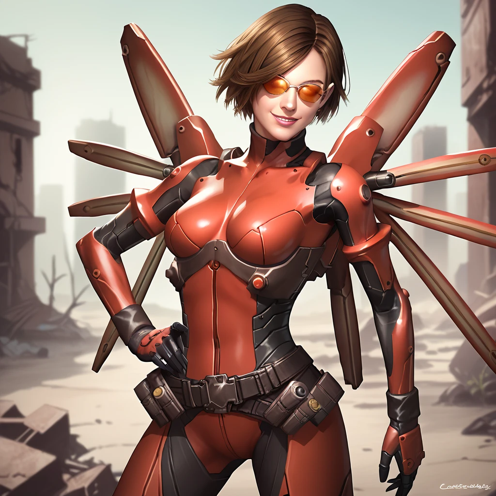 score_9, score_8_up, score_7_up, 1girl, solo, uncensored, vanessaschneider, smile, confident, holding gun, hand on hip, short brown hair, mechanical wings, red bodysuit, skin tight, science fiction, sunglasses, tinted eyewear, outdoors, wasteland, ruins <lora:VanessaSchneiderXL_v1.0:1>