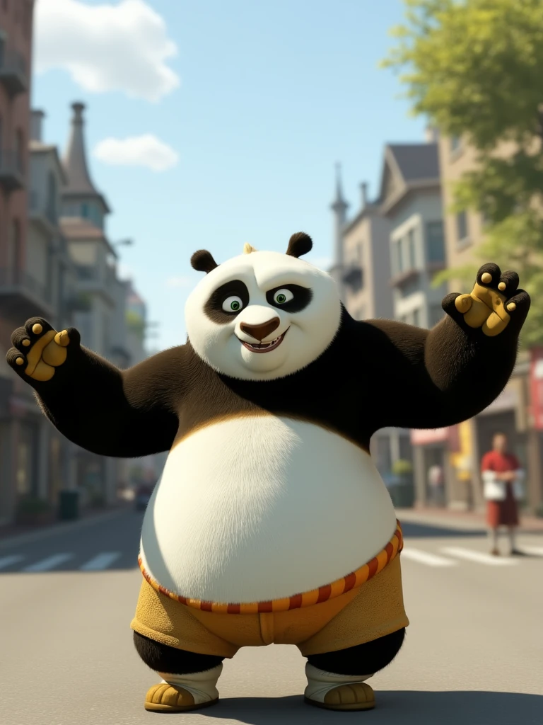 Po character Kung Fu Panda,Po,Happy and playful,street background,