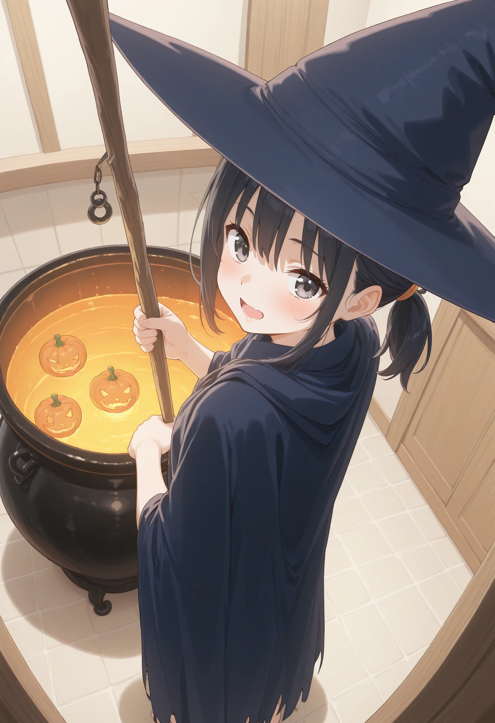 1girl,(sho \(sho lwlw\):0.7),(toosaka asagi:0.5),(sincos:0.3),solo,
masterpiece,best quality,absurdres,detailed skin,anime colored,anime screencap,official art,
stirring, cauldron, holding, witch hat, standing, witch, indoors, fire, staff , halloween ,jack-o'-lantern,halloween costume, cape,night, <lora:stirring_XL_v1:0.8>
from above, fisheye lens, looking back, black hair, gray eyes,blush, open mouth, short ponytail hair,,