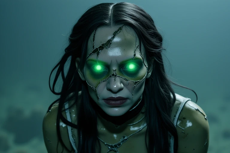 an evil demonic vampire mermaid with hair made of seaweed and dark blue frankenzombie skin and a black frankenzombie mermaid tail, with evil green glowing eyes