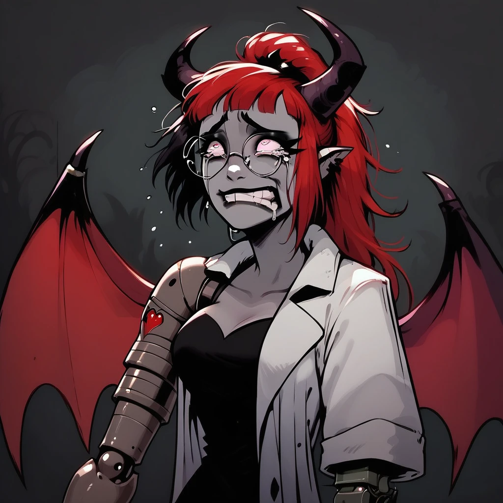 score_9, score_8_up, score_7_up, <lora:ShitpostSuccubusV2:1> SophraxiaHornyscientistV2, ExpressiveSUCC1, succubus, 1 girl, grey skin, goth, goth girl, goth makeup, grey colored skin, red hair, demon girl, horns, wings, bat wings, demon wings, red wings, lab coat, coat, single mechanical arm, glasses, round glasses, ponytail, high taied ponytail, side bangs, Oneprostethicarm, pink eyes,, amputee, prosthesis, prosthetic arm, medium breasts, pointy ears, expressive, exaggerated expression, sad, crying, tearing up,