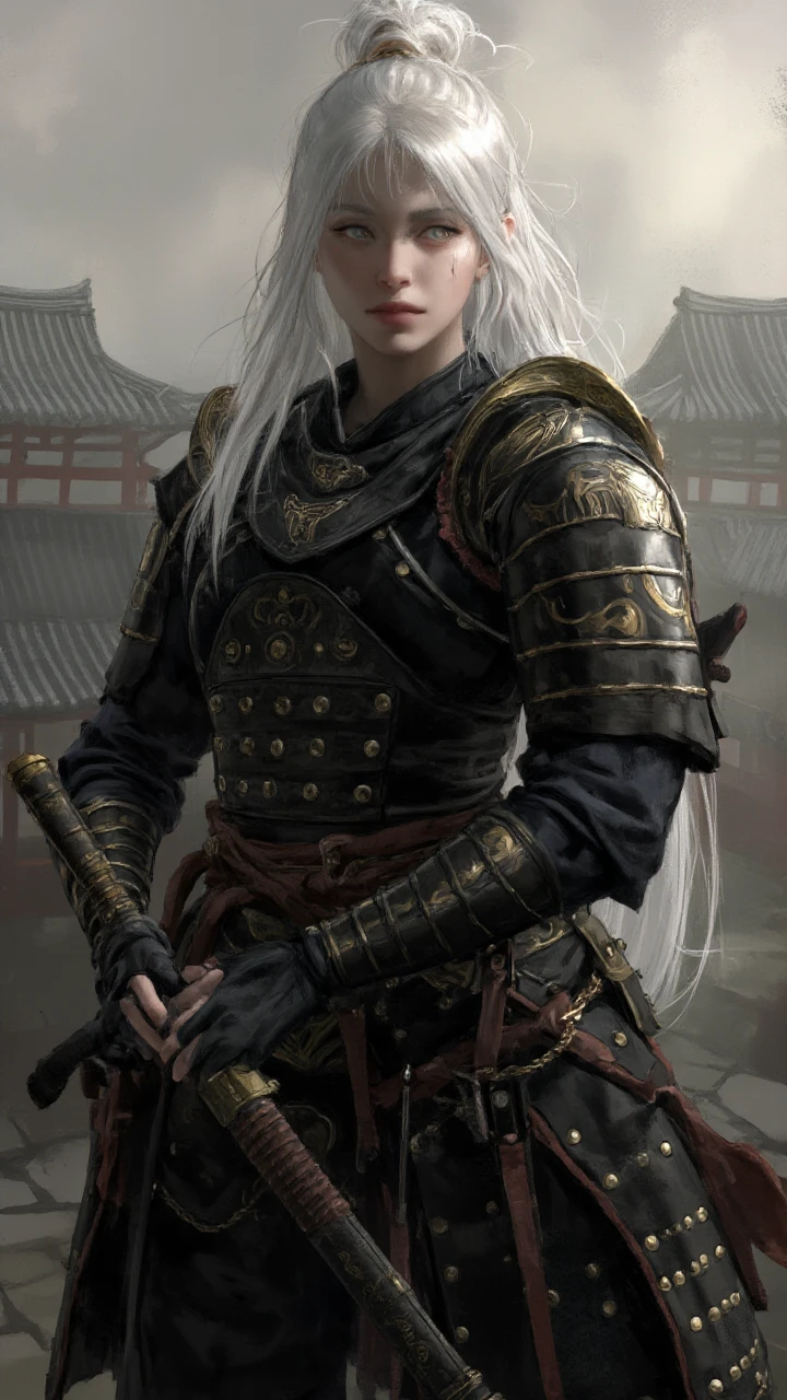 Depict a highly realistic portrait of a tall, imposing female elven ninja, clad in dark, layered samurai armor.Their silver-white hair is tied back, contrasting sharply with the black and gold elements of their attire. Only their piercing eyes are visible above a black face mask, adding an air of mystery and danger. The armor is meticulously detailed, with leather straps, metal plates, and gold accents that highlight the character's stature. The background is shrouded in mist, with the outlines of traditional Japanese architecture barely visible, enhancing the mystical ambiance. Soft, diffused lighting should capture the textures and details of the scene, bringing a sense of depth and realism to the character and their surroundings. dynamic_pose, aesthetic_pose, With one foot forward and one hand resting on a katana, her stance alert as the fog shifts around her.