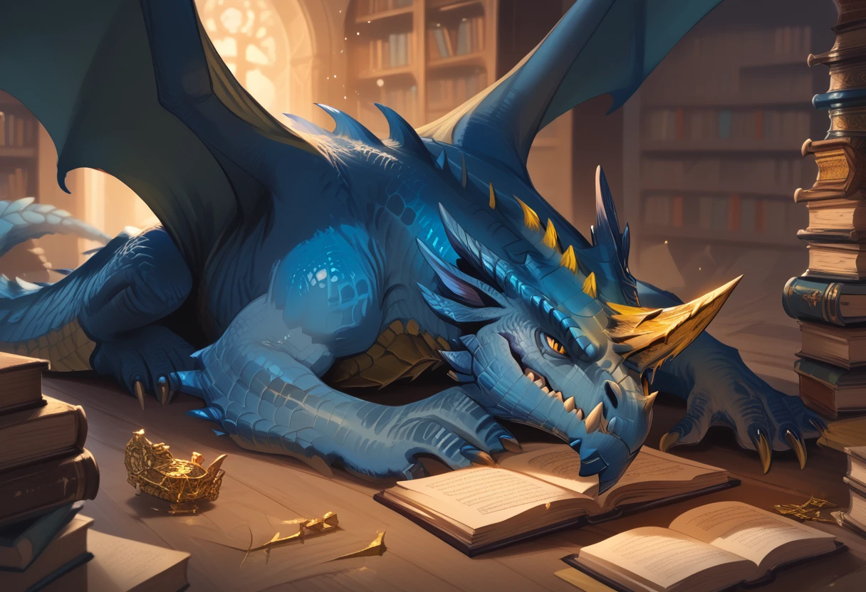 Masterpiece, score_9, score_8, score_7, highres, source_cartoon, 2.5D 
BREAK
solo, dnd_dragon, bluedrg, a feral blue dragon reading a book, wearing purple robes with gold highlights,  lying on side, yellow eyes, smug face, blue scales, yellow underbelly, sharp teeth, claws, tail, big horn on head, wings, feral, in a large library hall , large dragon, 