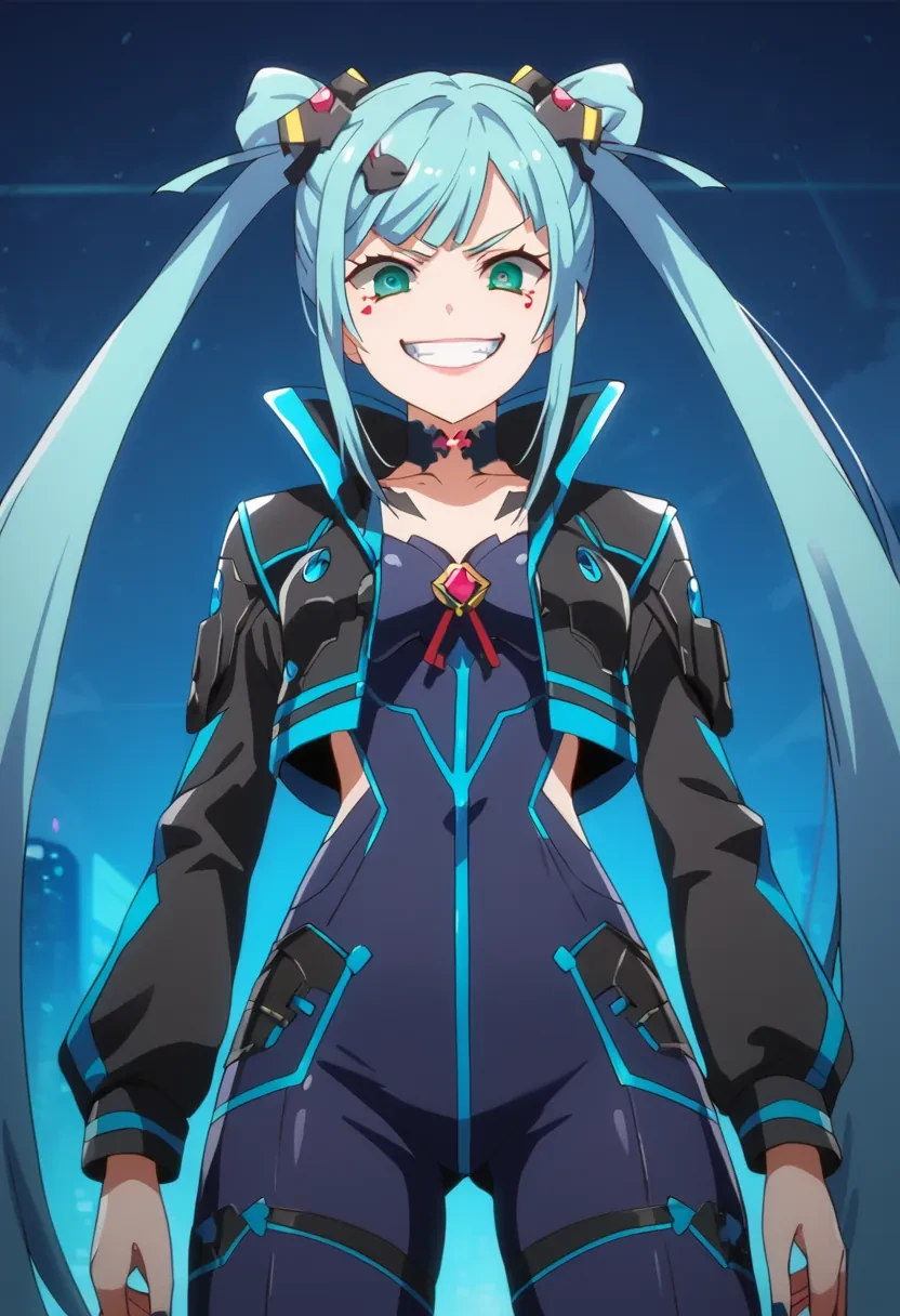 score_9, score_8_up, score_7_up, score_6_up,
masterpiece,

1girl, solo,

Sagara Momoka, green eyes, blue hair, long hair, very long hair, twintails, hair ornament,

evil smile, crazy, evil grin,

cyber punk city, cyberpunk armor,

