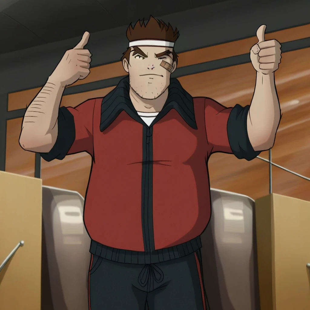 coachjim, coachjim-outfit1, mature male, 1boy, male focus, bandage on face, solo, brown hair, arm hair, headband, jacket, pants, thumbs up, realistic shading, detailed