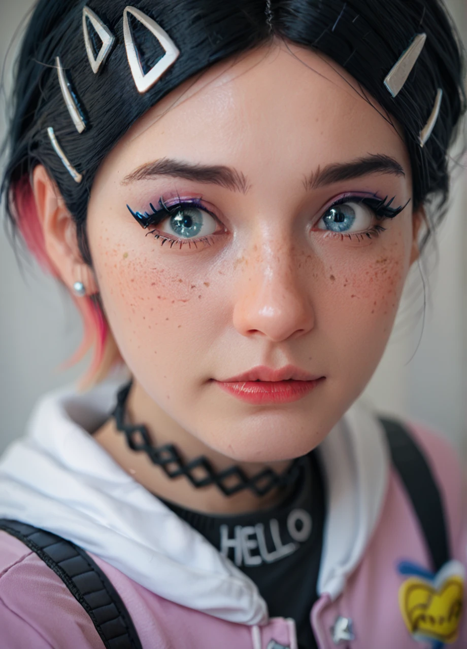 1girl, solo, cosplay, <lora:Valorant_Clove-PONY:1> clove (valorant), jewelry, makeup, hairclips, two-tone hair, choker, portratit, freckles, blue eyes, score_8_up, score_7_up, score_6_up, score_5_up