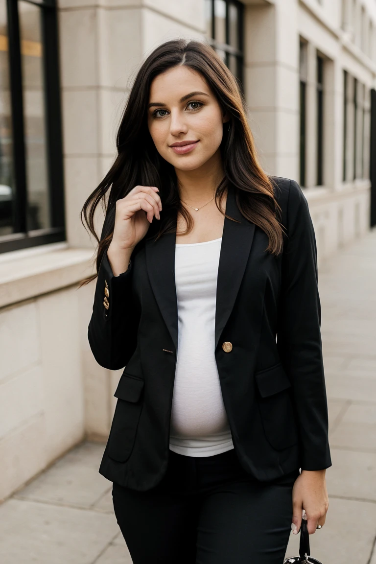 photo of preggomary, Blazer at Business Meeting, <lora:preggomary:1>