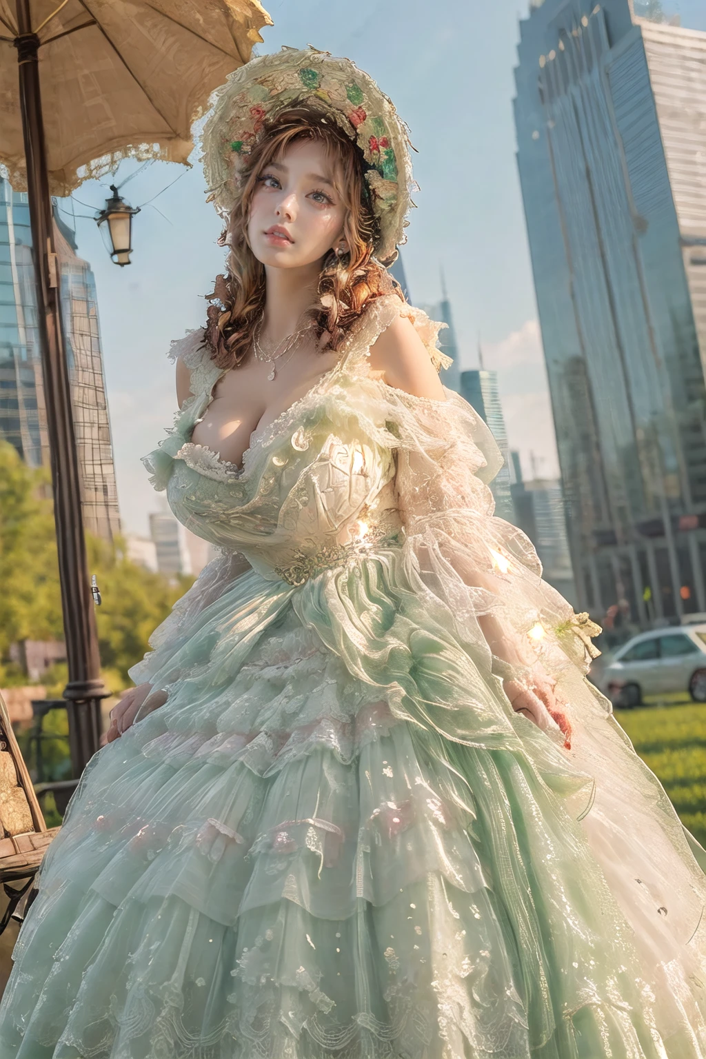 (masterpiece, best quality:1.2),illustration,8k,hd,1girl,solo,brown hair,long hair,cowboy shot,
llfm,hair ornament,white dress,frills,lace-trimmed dress,jewelry,pearl necklace,bonnet,off shoulder,green ribbon,
(collarbone:1.2),large breasts,saggy breasts,(cleavage:1.2),extremely detailed dress,(outdoors,skyscraper:1.5),