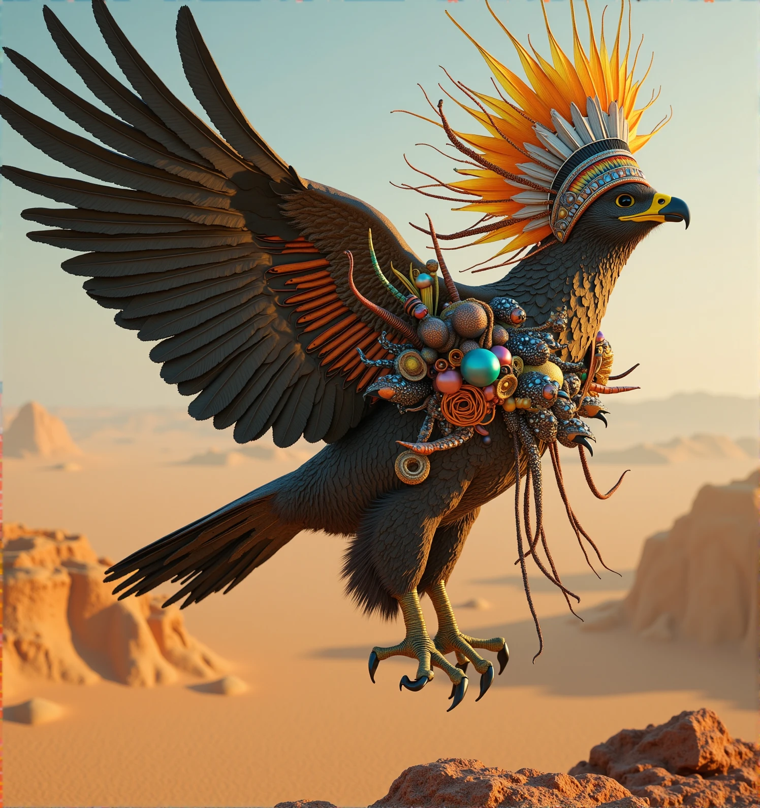 fantastical-headdress,a desert eagle flying in air