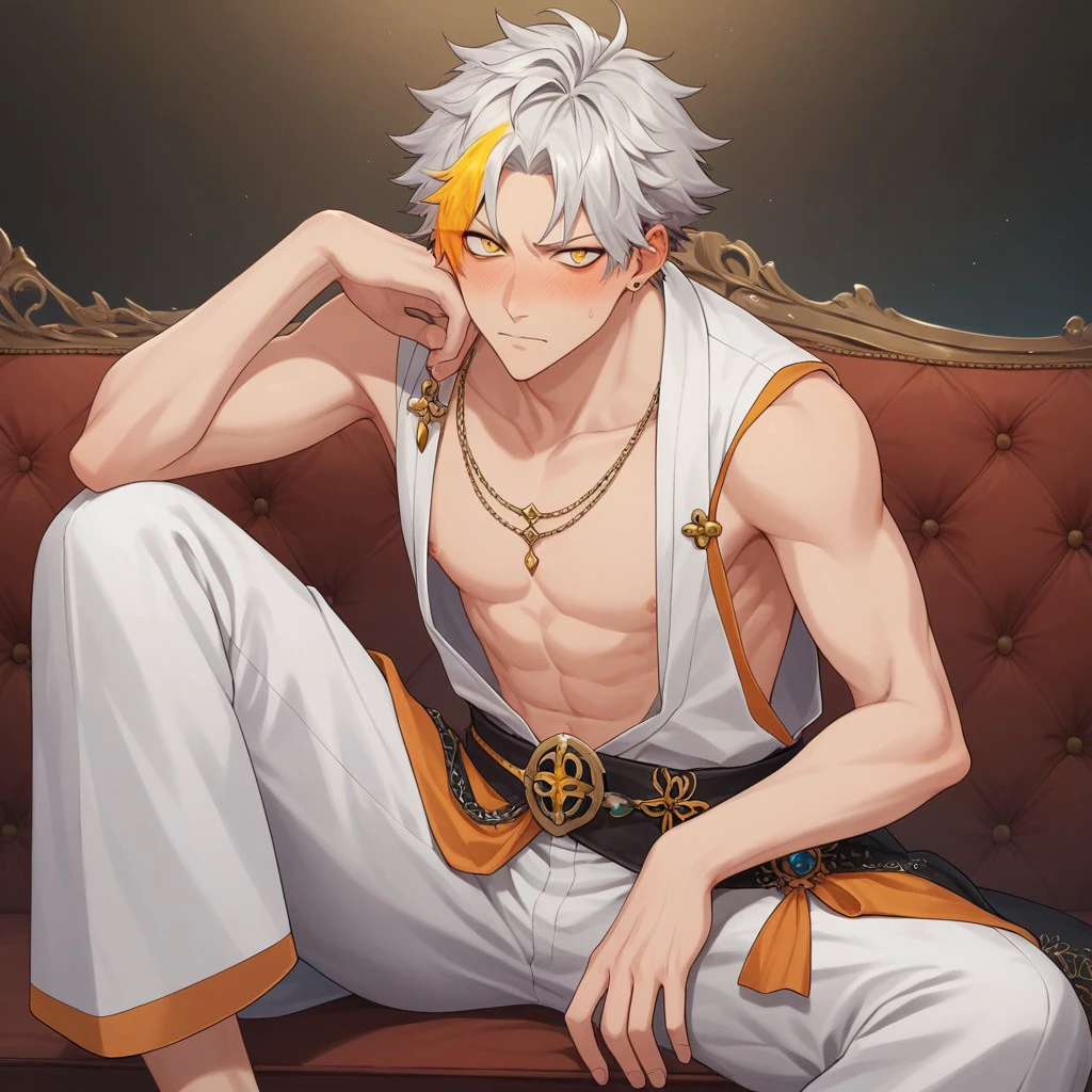 safe_pos, score_9_up, score_8_up, score_7_up, score_6_up, score_5_up, score_4_up,Mizuki,male,silver hair,highlight hair,orange streaked hair,lean body,yellow eyes,mouth pierce,forehead pierce,embarrassed,spread legs,indian style,sitting,masterpiece,anime