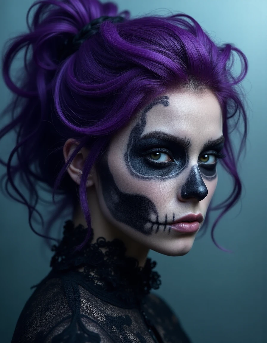 long shot scenic professional photograph of (masterpiece), 8k, very wide shot, volumetrics dtx, portrait, beautiful eyes, <lora:skullmakeup:1> skullmakeup, (dreadlocks:0.5) in a ponytail, (Violet head:1), vibrant colors, highly detailed, elegant and unique, gently swaying, mysterious and charming, realistic, details, very realistic, beautiful and vital,Ornate And Intricate, transparent, Photorealistic, Hyperrealistic, Hyperdetailed, analog style, soft lighting, subsurface scattering, realistic, heavy shadow, masterpiece, best quality, ultra realistic, 8k, golden ratio, Intricate, High Detail, film photography, soft focus, perfect viewpoint, highly detailed, wide-angle lens, hyper realistic, with dramatic sky, polarizing filter, natural lighting, vivid colors, everything in sharp focus, HDR, UHD, 64K