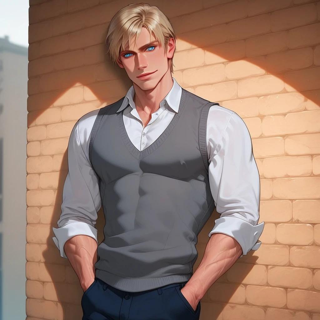 attractive, blond hair, handsome, muscular, grey vest, blue eyes, white shirt