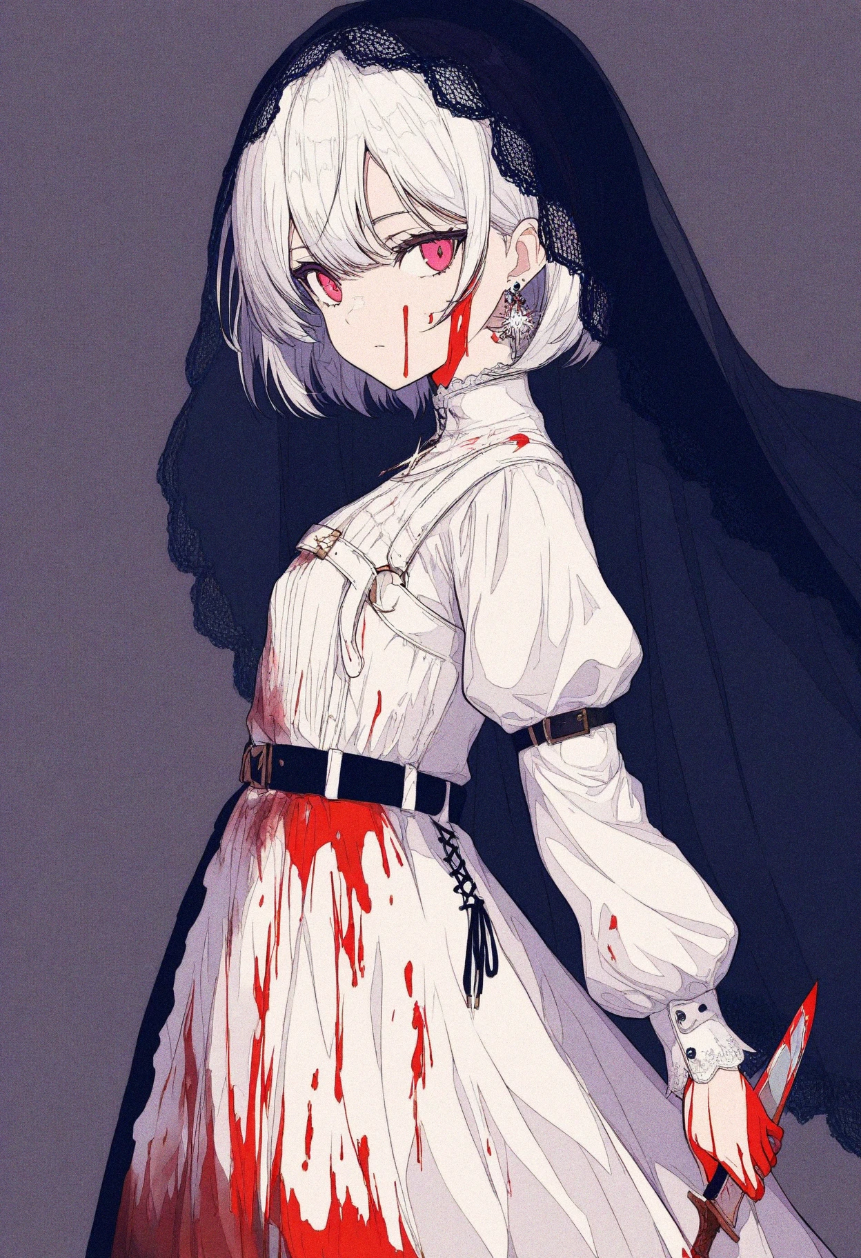 masterpiece, best quality, high contrast, absurdres, vibrant, highly detailed, ligne claire, 1girl, solo, blood, dress, long sleeves, short hair, looking at viewer, white hair, from side, blood on clothes, blood on hands, puffy sleeves, cable, veil, jewelry, earrings, belt, weapon, simple background, knife, hand up, blood on face, white dress