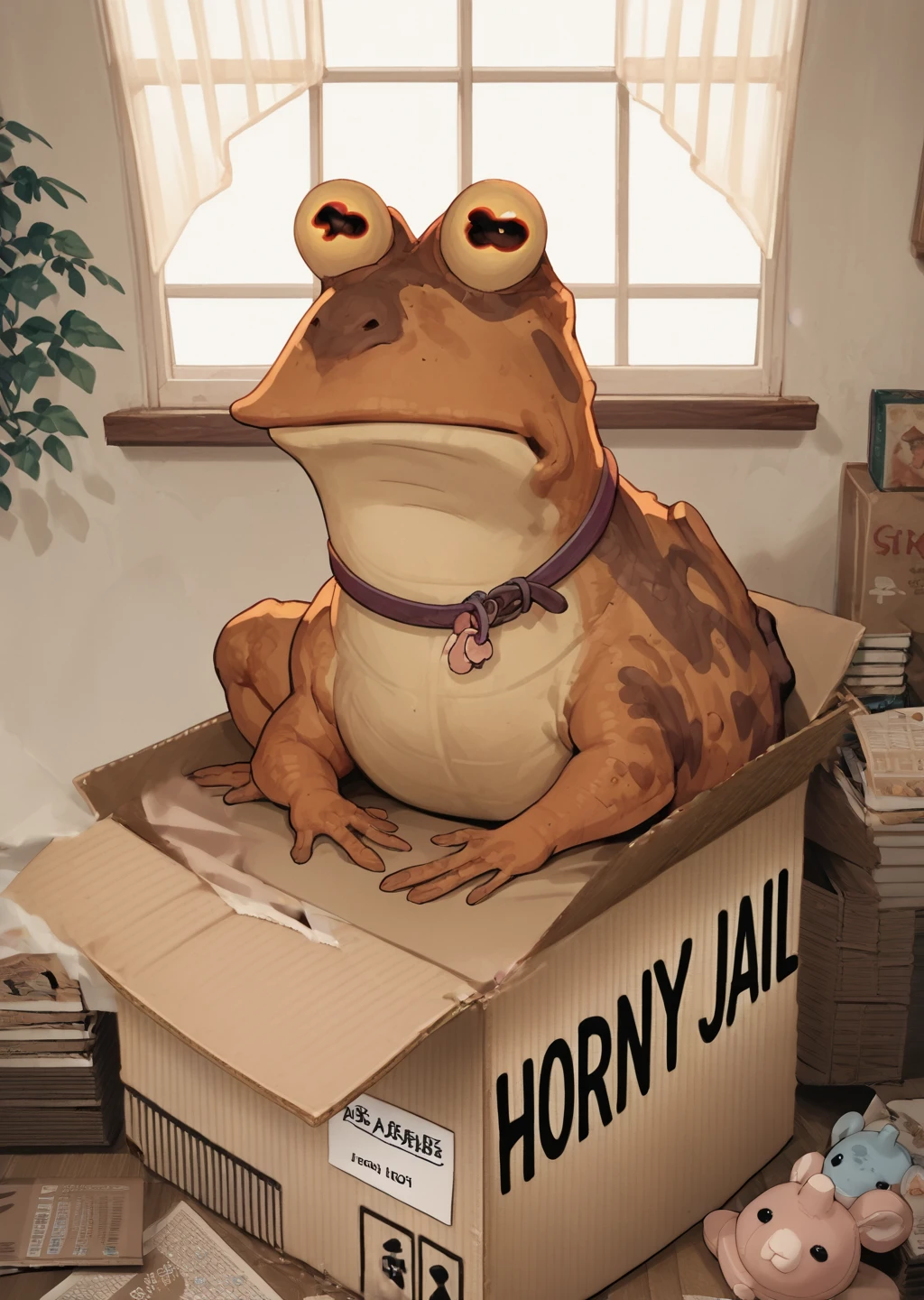 score_9, score_8_up, score_7_up, score_6_up, score_5_up, score_4_up, shrek, sitting inside a box, source_furry <lora:Horny_Jail_Pony:0.5> <lora:ALL_GLORY_TO_THE_HYPNOTOAD:1> hypnotoad, no humans, solo