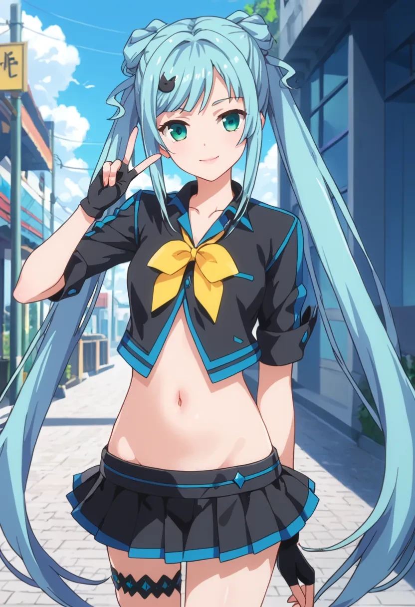 score_9, score_8_up, score_7_up, score_6_up,
masterpiece,

1girl, solo,

Sagara Momoka, green eyes, blue hair, long hair, very long hair, twintails, hair ornament,

black shirt, smile, hair ornament, collared shirt, fingerless gloves, black gloves, yellow bowtie, midriff, navel, skirt, black skirt,

v, hand sign,