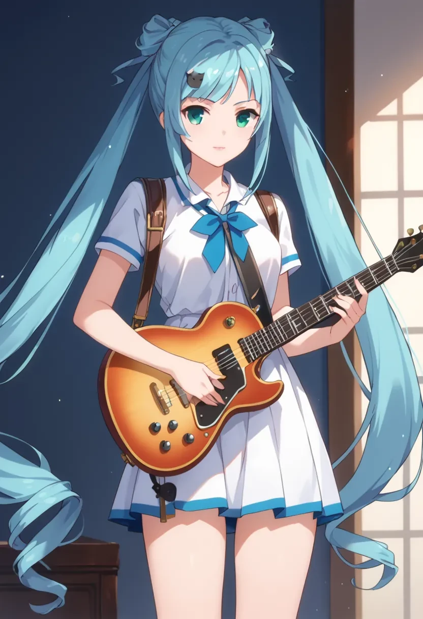 score_9, score_8_up, score_7_up, score_6_up,
masterpiece,

1girl, solo,

Sagara Momoka, green eyes, blue hair, long hair, very long hair, twintails, hair ornament,

standing, playing guitar, pink guitar,

