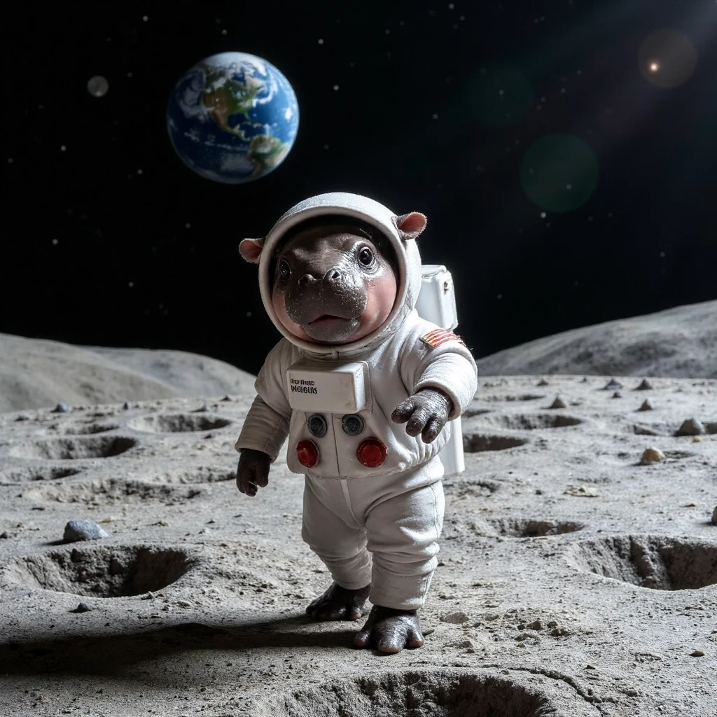 A high-resolution photograph of a cute baby hippo named "Moo Deng" wearing an astronaut costume on the surface of the moon. His helmet has a class visor that protects his face.  Name tag says MooDeng. The suit looks slightly oversized, adding to the adorable effect as the hippo stands with one foot lifted, as if exploring the lunar surface. The moon’s dusty grey terrain stretches out in the background, with craters and small rocks scattered around. Above, the black sky is filled with twinkling stars, and Earth looms in the distance, glowing softly with blues and greens. The lighting is realistic, with sharp shadows cast by the harsh sunlight, creating a surreal yet endearing image of Moo Deng on an out-of-this-world adventure.
