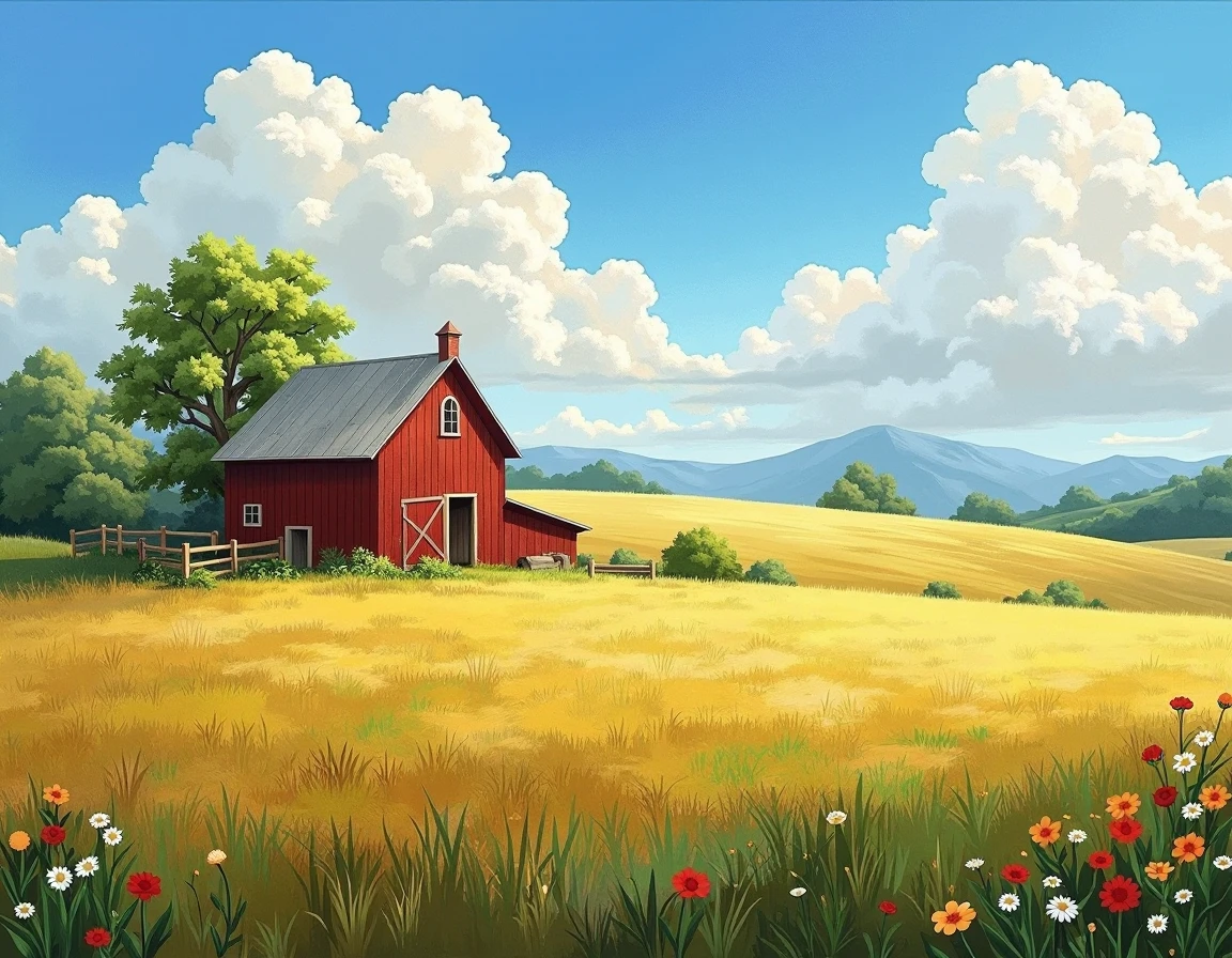 mythoscape painting style of nice landscape of a farm, there is wheet feild and a barn