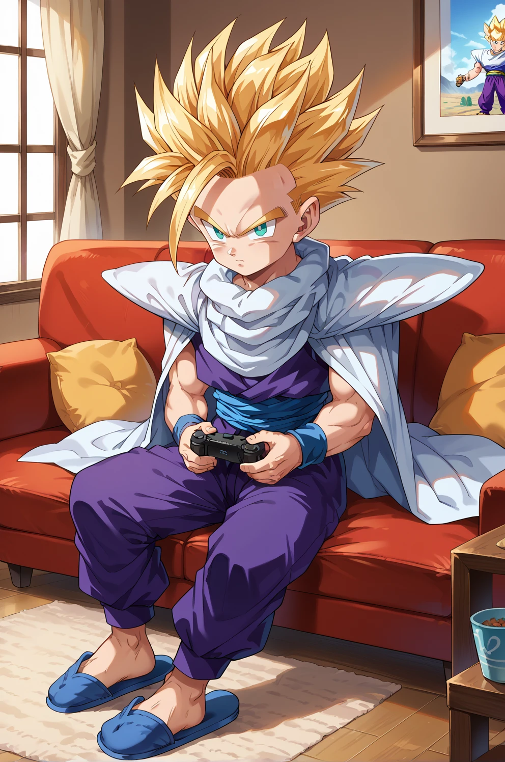 score_9, score_8_up, score_7_up,ghnssj2,1boy,solo,blonde hair,super saiyan 2, teal eyes,no pupils, sitting, indoors, couch, holding gamepad, full body, looking ahead,on couch,pastel blue slippers,martial arts clothes,purple vest, sleeveless, white cape,asymmetrical bangs, blue sash, (from the side:0.6),blue wristband,purple pants <lora:KidGohanCellPony:1>