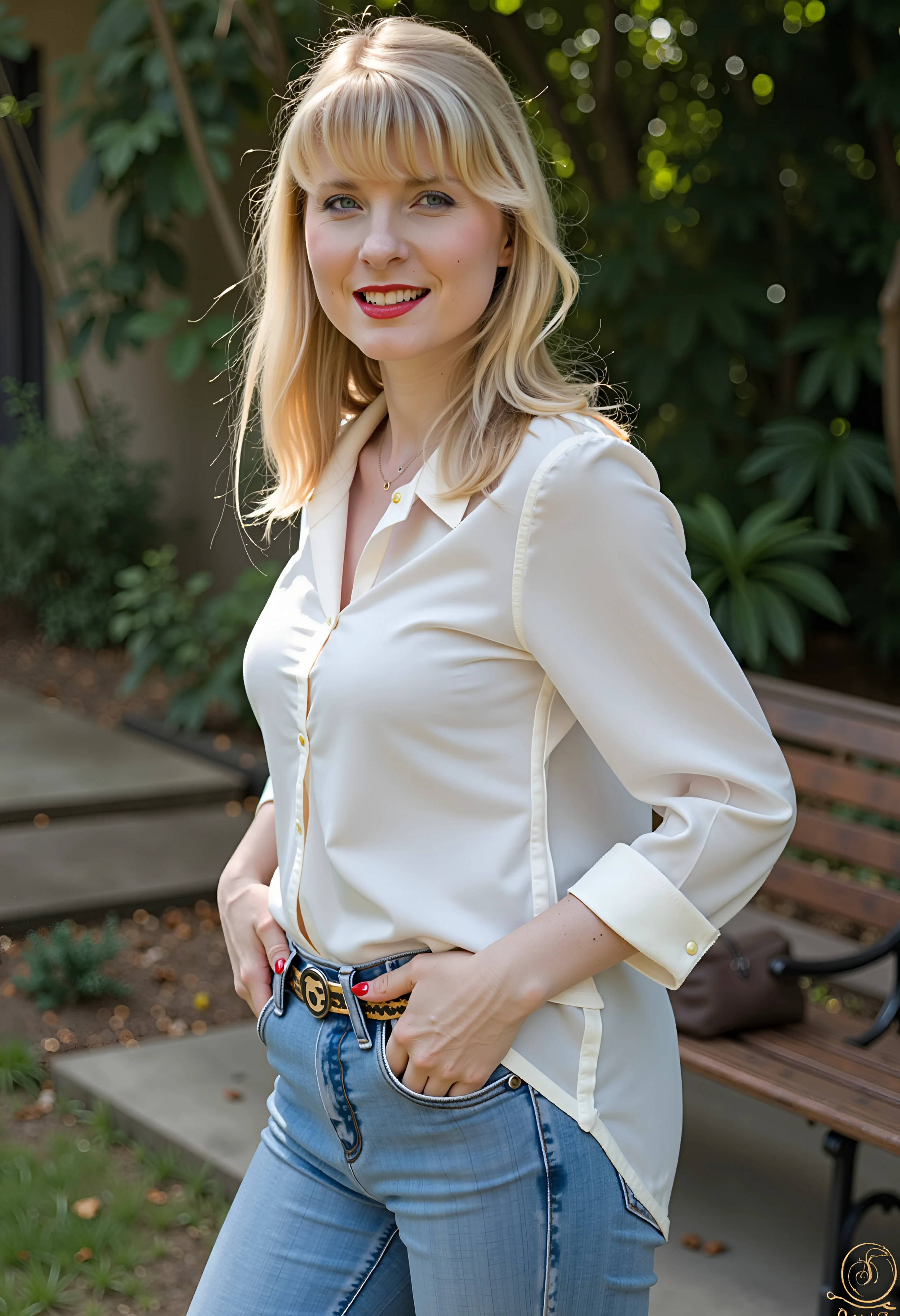 A breathtaking photography of sweet young caseydeluxe woman lovely posing in an amazing beautiful old garden wearing an elegant blouse and jeans. She looks at the viewer with a cute smile in her face.  amazing beautiful super cute face, big erotic eyes, lipstick, eye shadow, beautiful golden hair., <lora:flux_model_casey deluxe_caseydeluxe_1200:1.1>, , , , ,