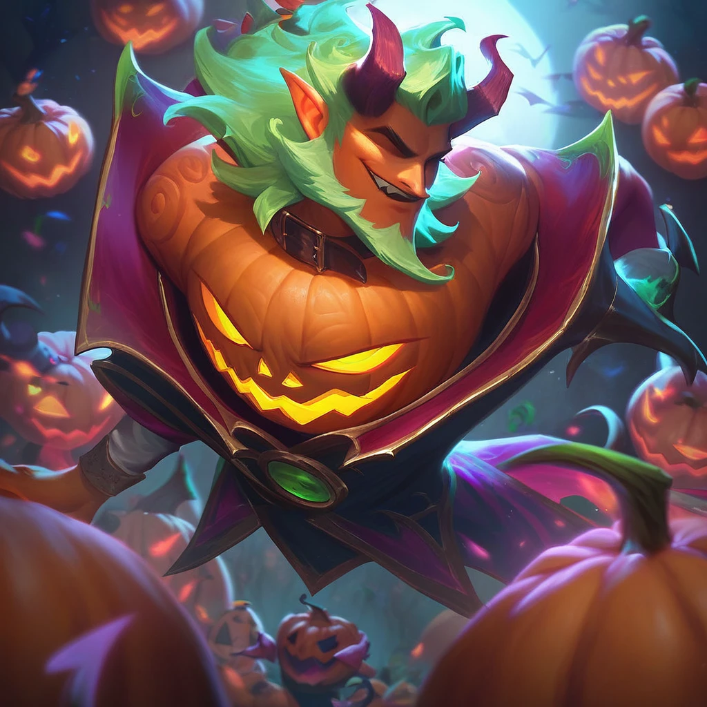 score_9, score_8_up, score_7_up, <lora:LOLHorrorsplashartsMIX:1> 1 boy, Lolhorrorsplashartmix, lololdgodsplashart, demon, demon boy, horns, jack-o'-lantern, pumpkin, orange skin, green hair,