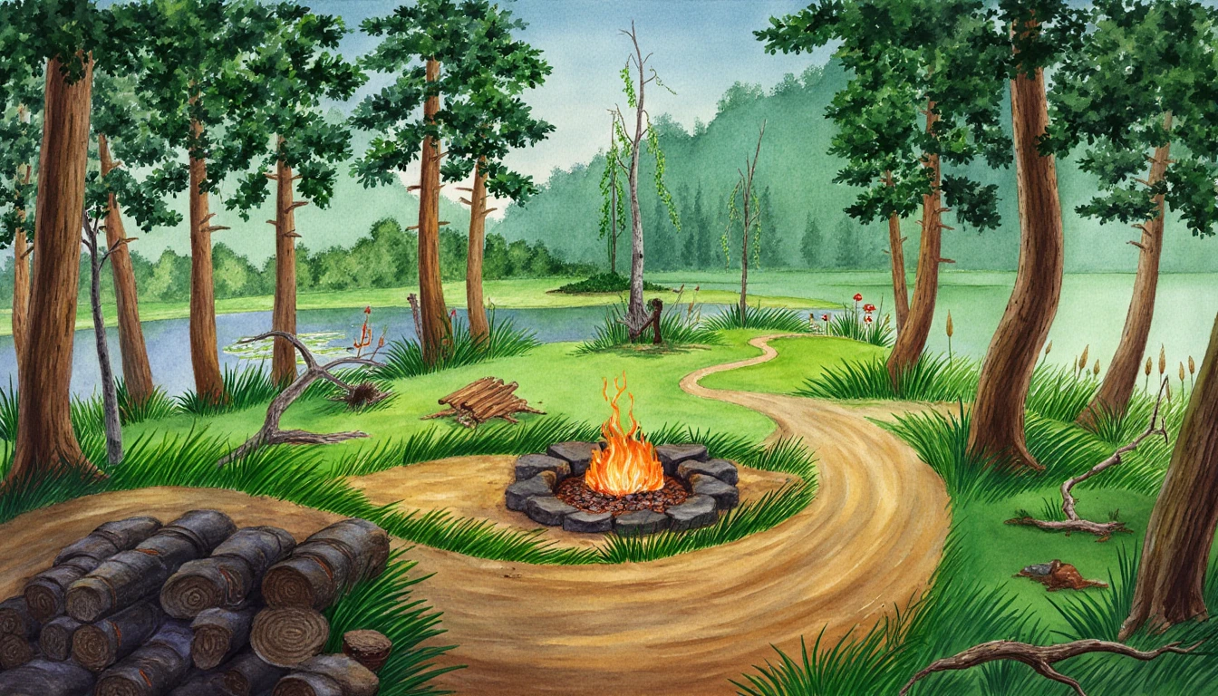 The PIVIG image style. This is a detailed, vibrant watercolor painting of a serene, lush forest landscape. The image features a tranquil forest setting with a winding dirt path curving from the bottom right to the center, leading the viewer's eye through the scene. The path is lined with tall, slender trees with rough, textured bark, their dark green leaves creating a dense canopy.

In the foreground, a small fire pit sits in a clearing with logs arranged in a circle around it. The fire pit is filled with smoldering embers, casting a warm, shimmering light onto the surrounding area. To the left of the fire is a pile of stacked firewood, consisting of dark, rough logs and branches.

In the background, a tranquil marsh is depicted, with a misty, gray-green surface reflecting the vibrant green foliage of the trees surrounding it. Tall reeds and cattails grow along the water's edge, adding to the lush, green ambiance. Scattered throughout the area, especially near the fire, are small, bright red and white mushrooms, adding a whimsical touch to the scene.

The sky overhead is a gradient blue, changing from a deep azure at the horizon to a lighter shade at the top, indicating a clear, sunny day.