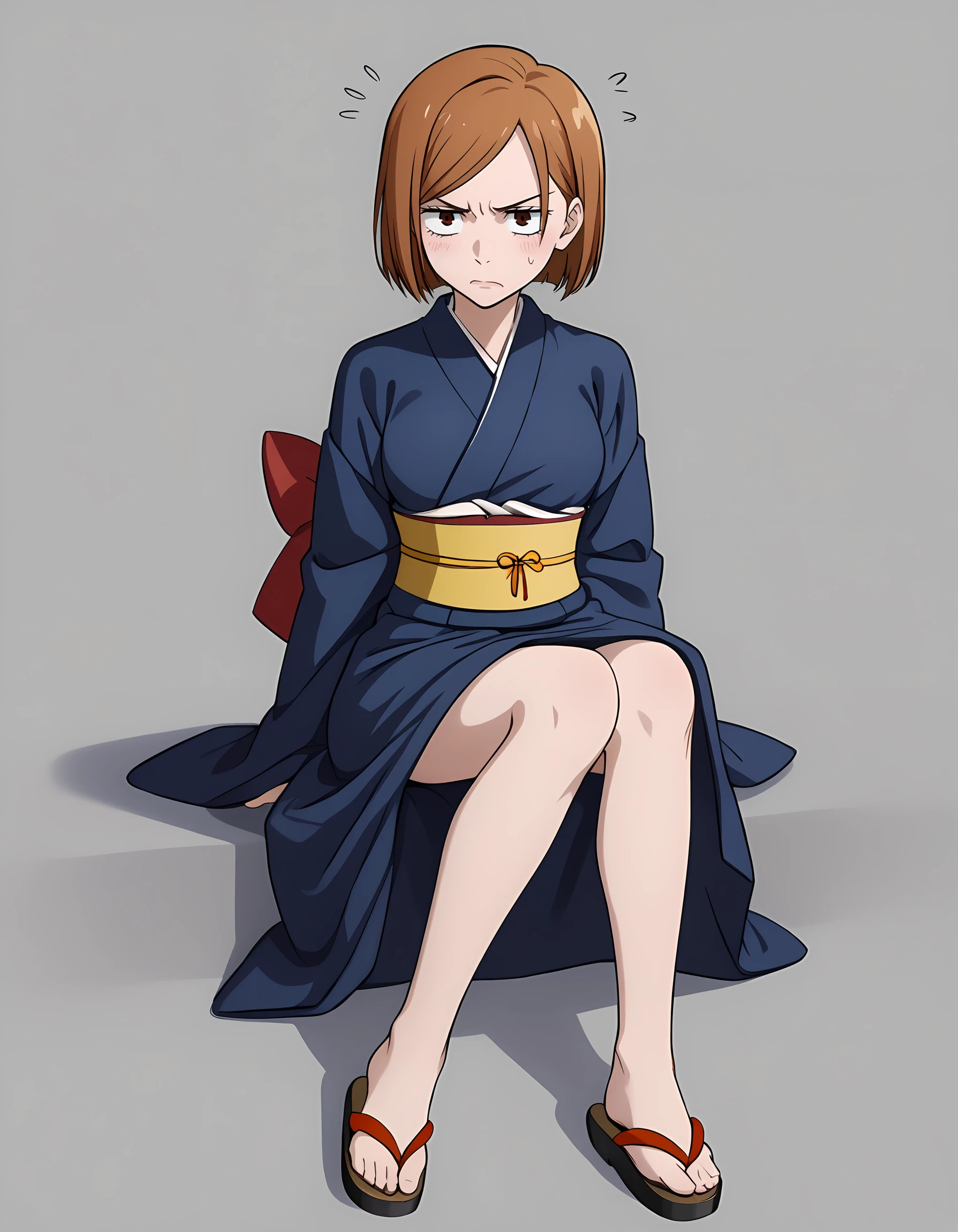 <lora:Nobara_v2:1>1girl, n0bara, kimono, embarrassed, annoyed, sitting, sandals, simple background