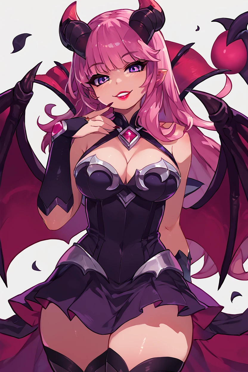 score_9, score_8_up, score_8, medium breasts, (curvy), cute, eyelashes,       BREAK, , ,,,   zzAlice, purple eyes, (pink hair:1), long hair, horns, demon horns, demon girl, wings, bare shoulders, demon wings, large breasts, thighhighs, dress, cleavage, lipstick, <lora:Alice_ML_PDXL:0.8>,  ,,,, BREAK, smile, looking at viewer, cowboy shot, ,,, embedding:zPDXL, Expressiveh, ,,, <lora:Zankuro_Style_PDXL:0.8> <lora:SDXLFaeTastic2400:0.5>, <lora:Expressive_H-000001:0.4>,